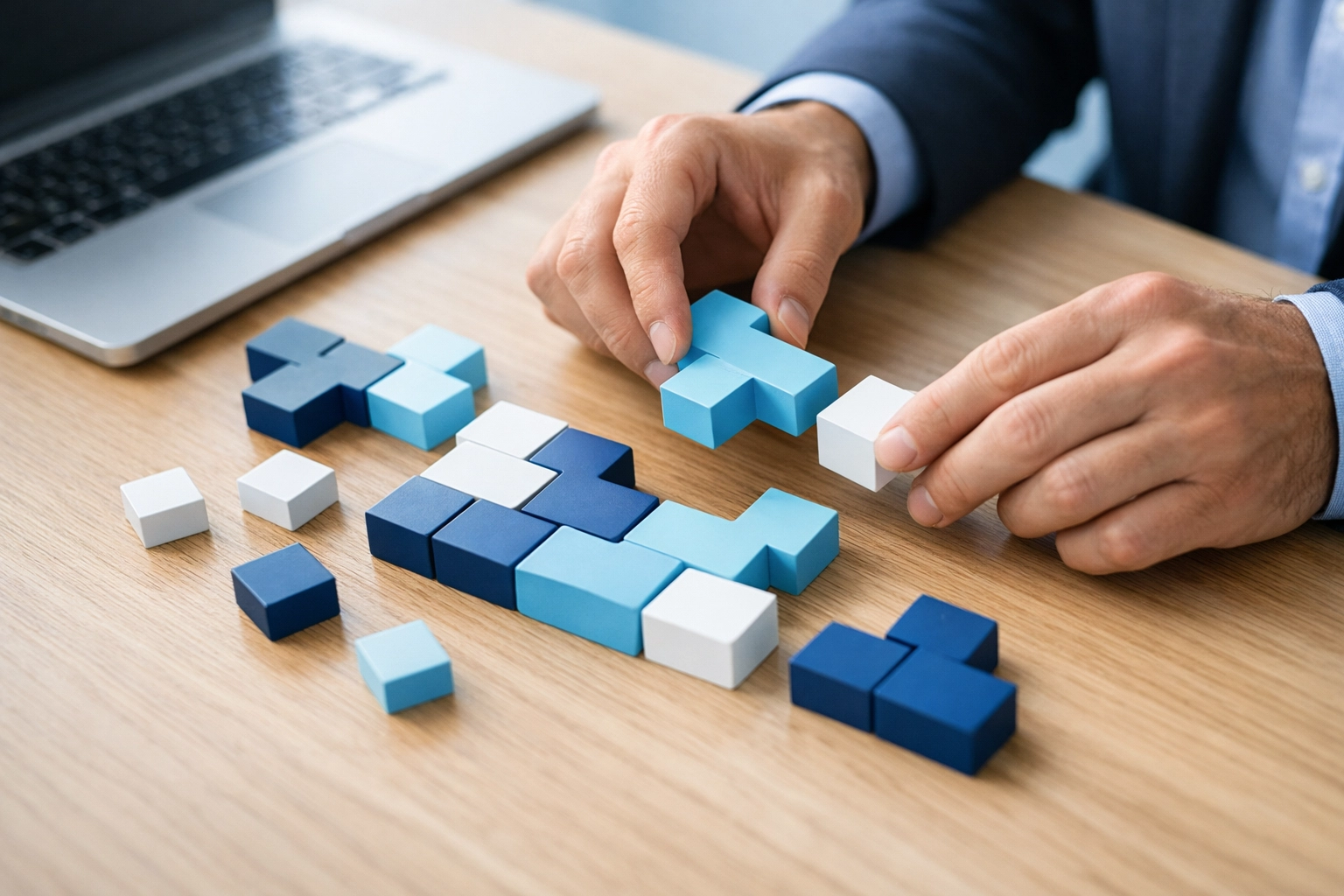 Manager's hands arranging modular blocks showing flexible crisis planning and adaptability