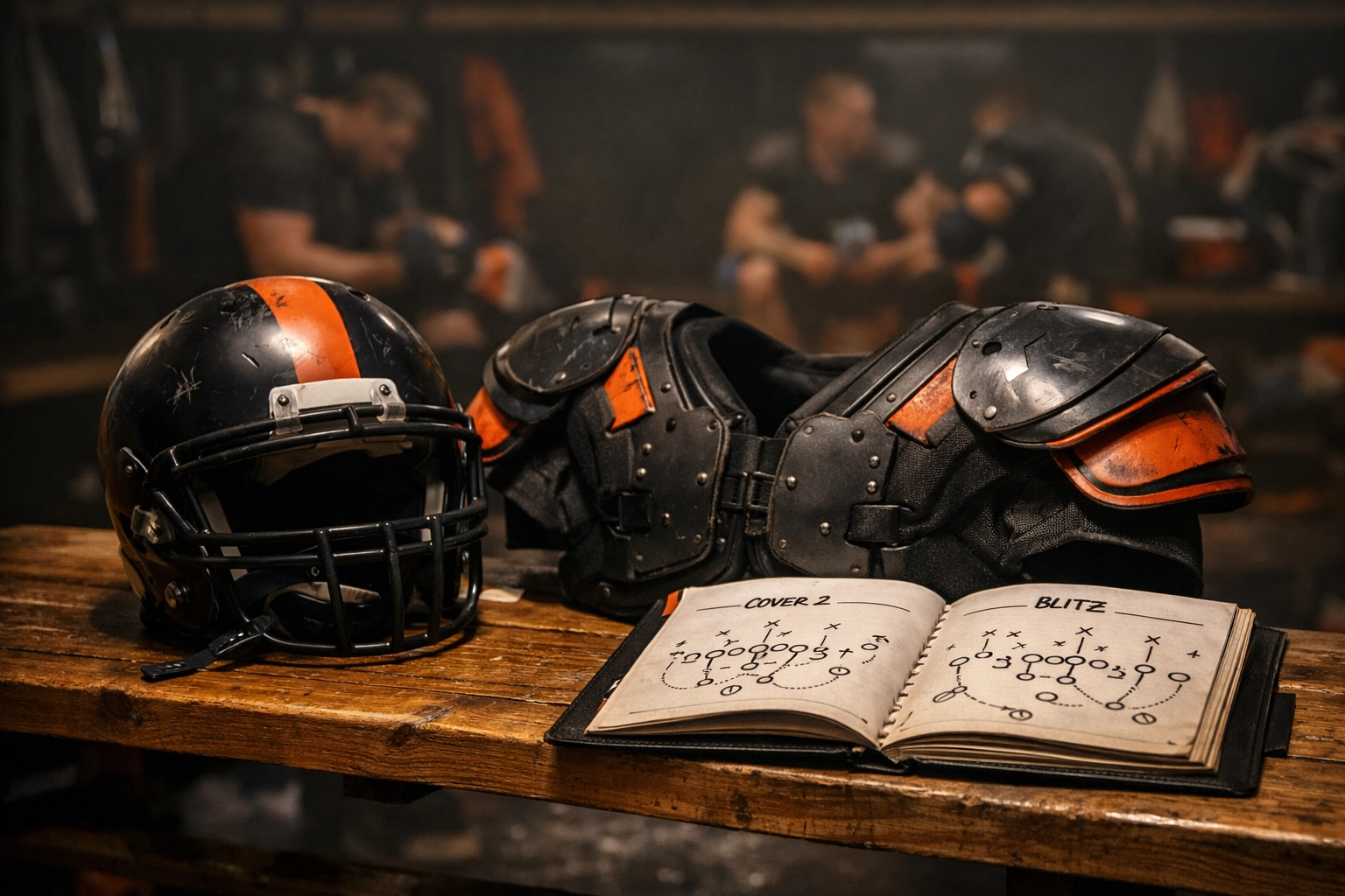Football helmet and playbook on locker room bench representing preparation