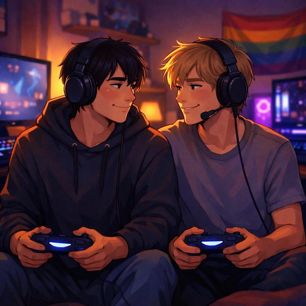 Two gay gamers sharing an intimate moment while playing co-op video games together