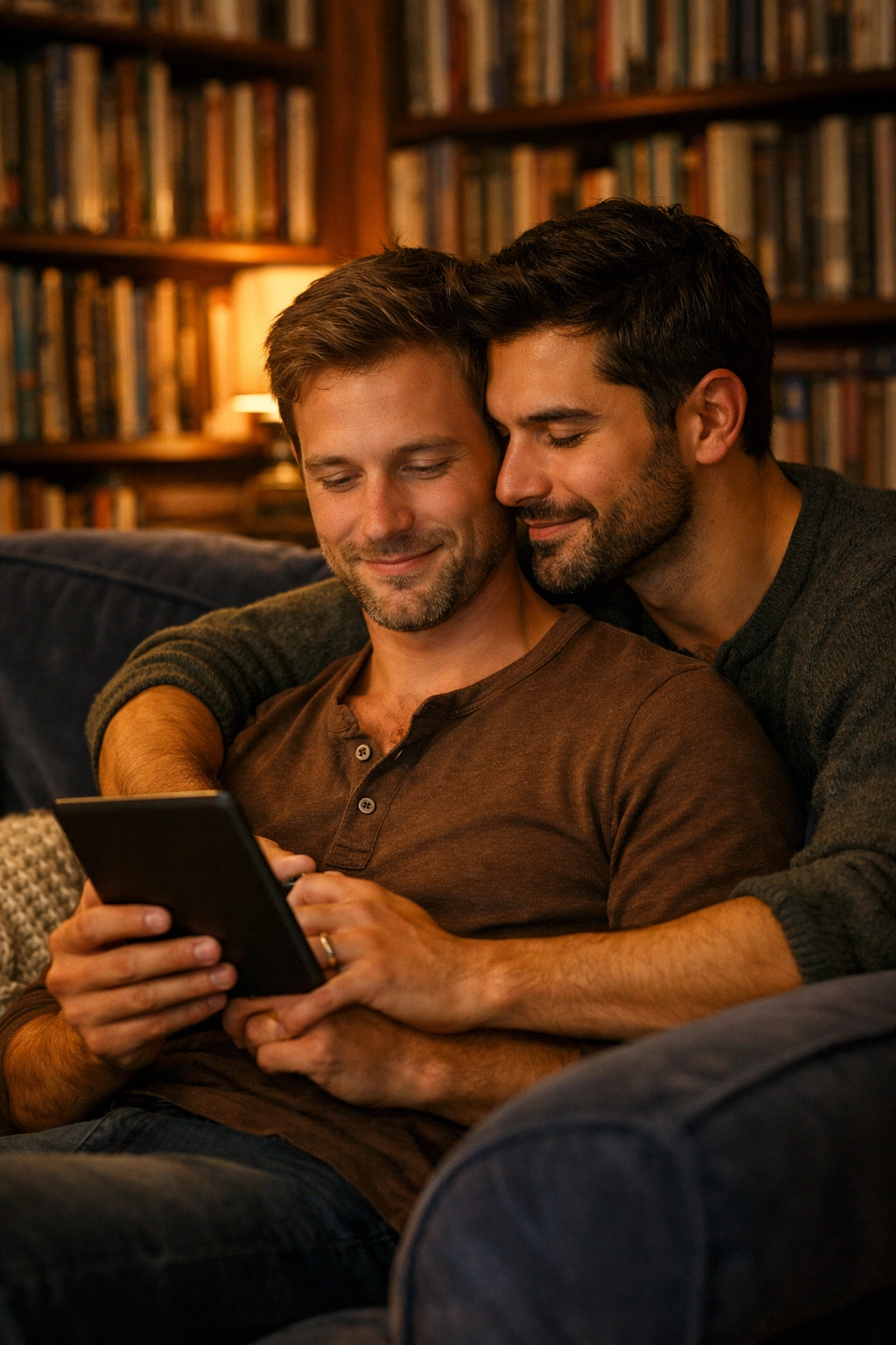 A gay couple sharing a spiritual connection while reading MM romance books in a library.