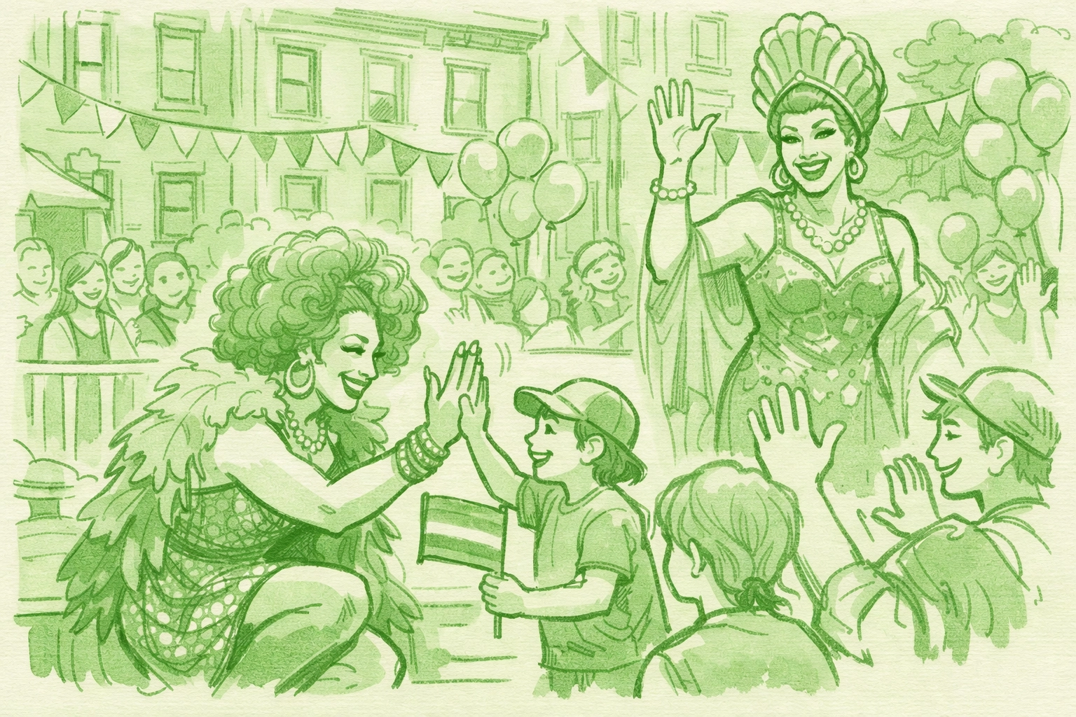 Drag queens interact with Pride parade spectators celebrating LGBTQ visibility and joy