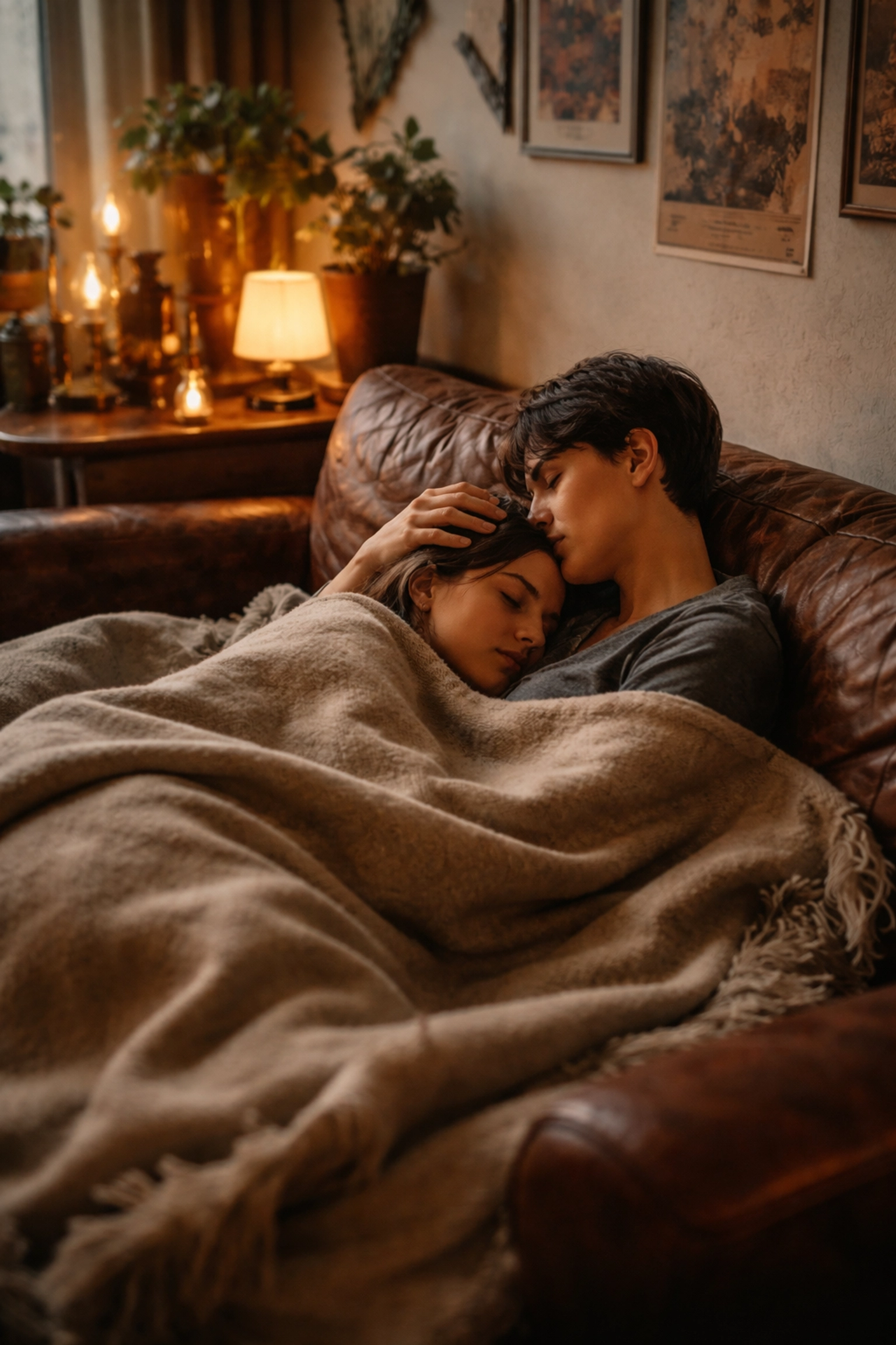 Aftercare scene with two people on a cozy couch in Berlin, showing trust and healing after controlled power exchange.