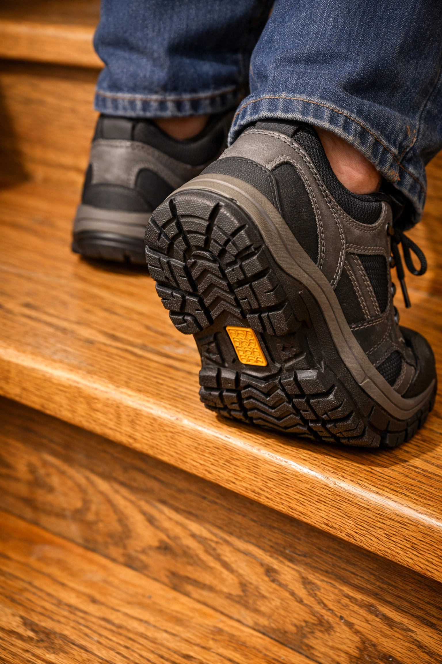 Proper non-slip footwear on wooden stair tread showing safe stair climbing technique