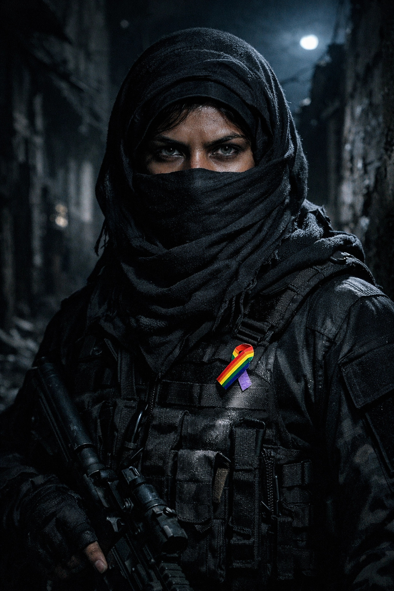 Resilient Afghan LGBTQ+ individual in the shadows, representing the secret resistance and global queer struggle.