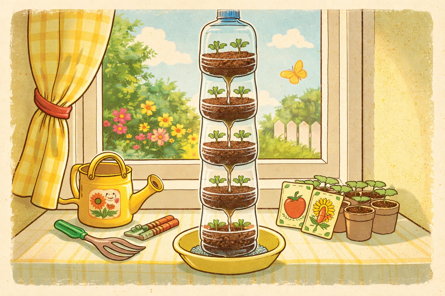 Two-story vertical garden with seedlings in stacked plastic bottles on a bright kitchen windowsill