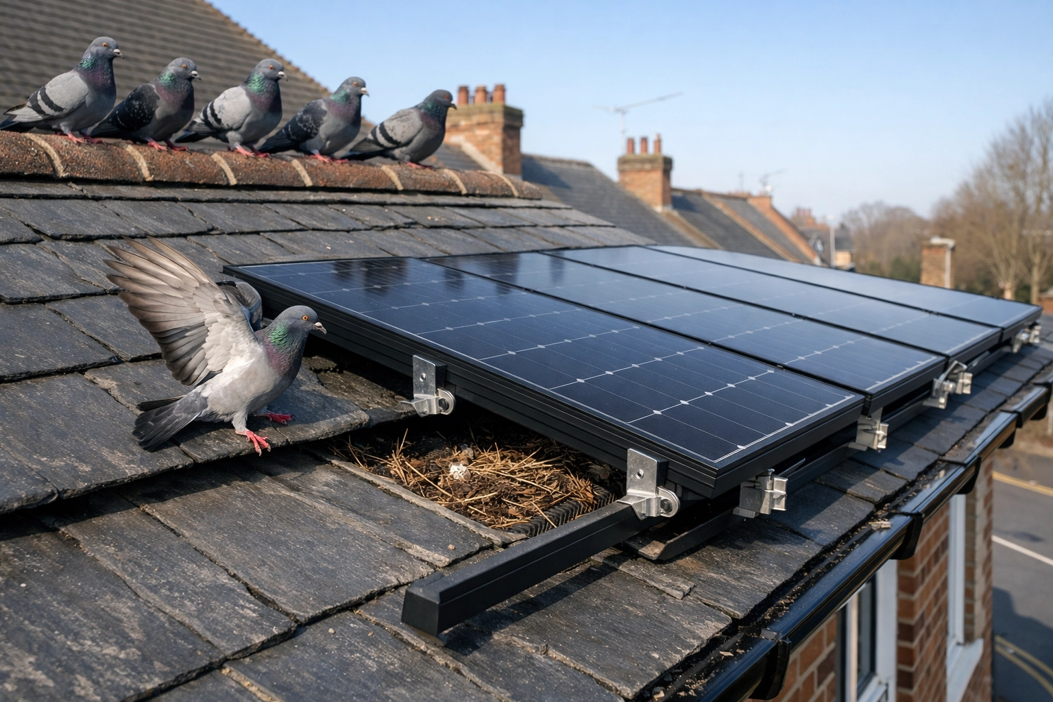 Pigeons on a slate roof near solar panels, showing the need for bird proofing to protect solar installations.