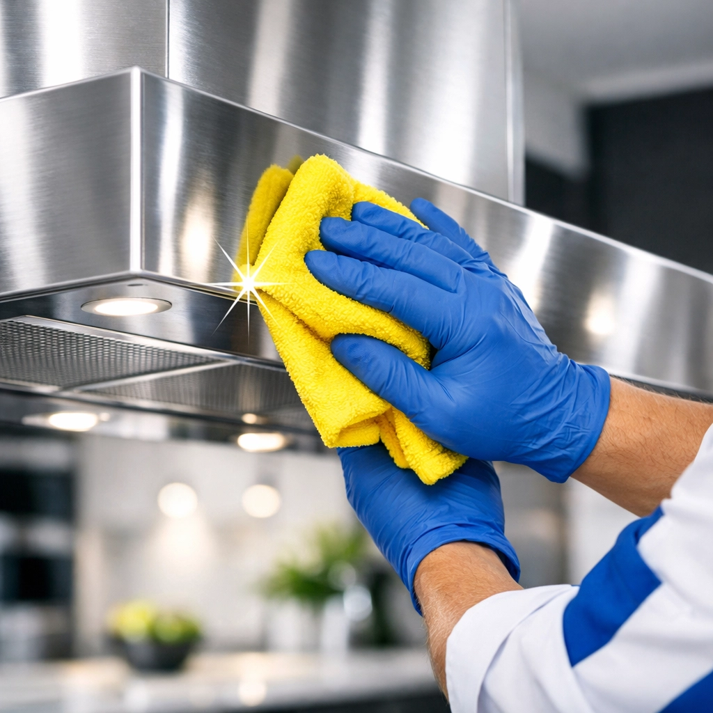 Professional cleaners polishing a stainless steel kitchen hood with ninja-like efficiency in Sudbury.