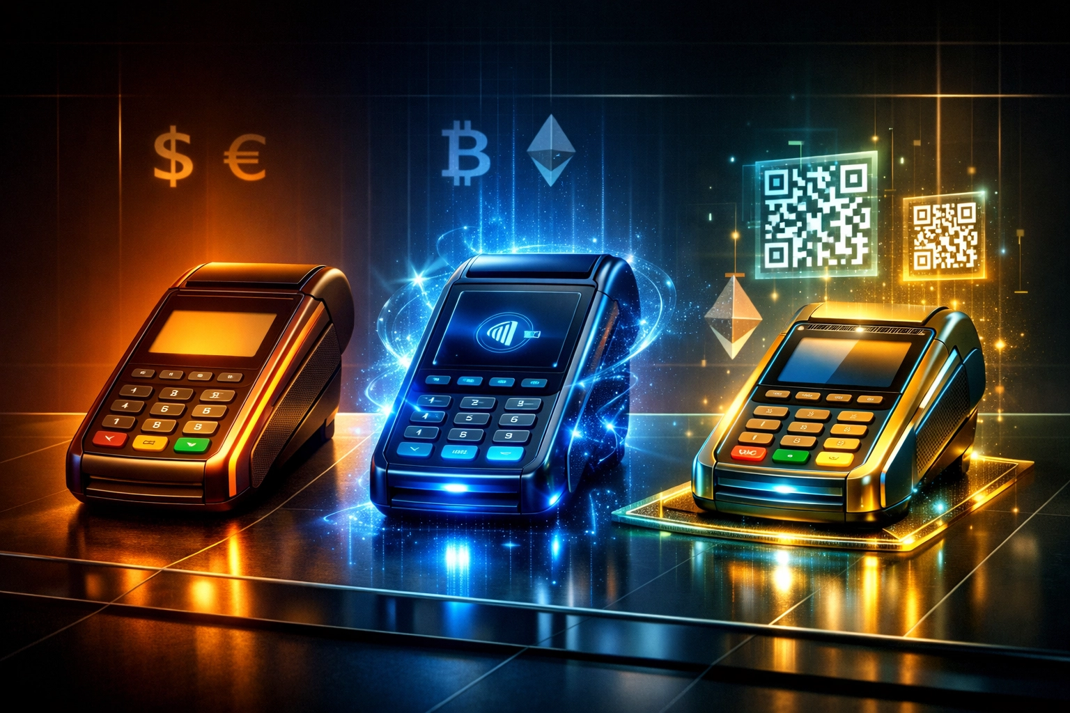 Three crypto POS payment terminals compared side by side showing evolution from legacy to modern Web3 systems