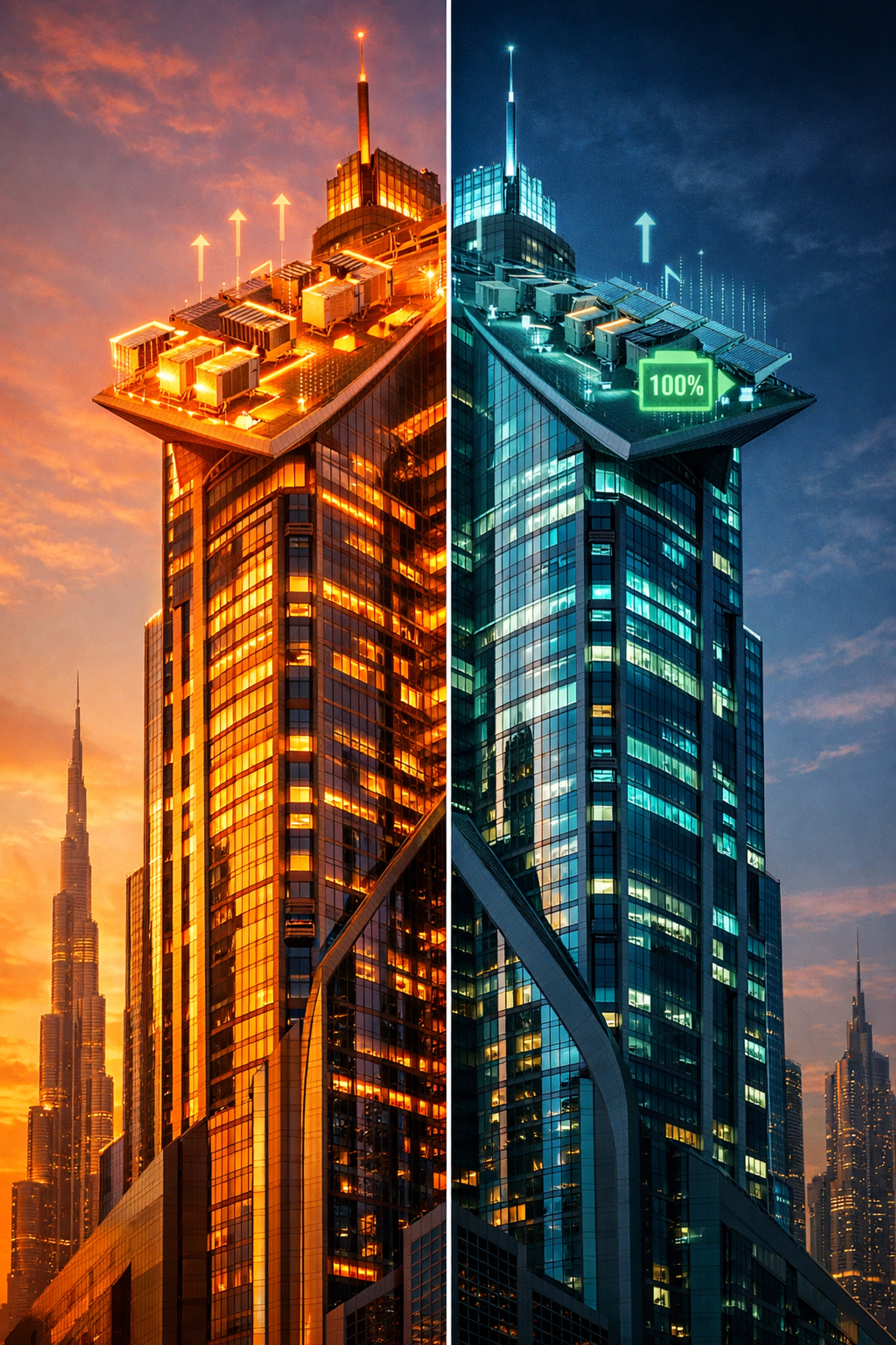 Dubai skyscraper showing energy efficiency optimization before and after AI implementation