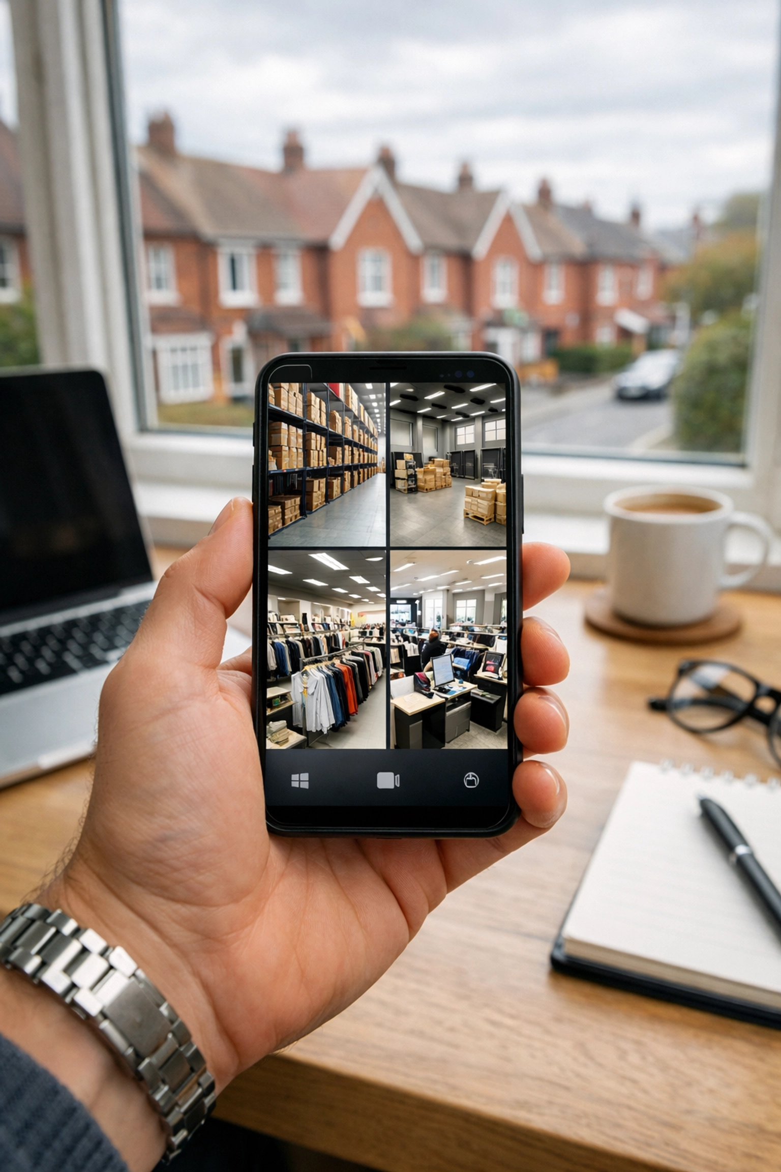 Smartphone displaying remote CCTV camera feeds for a Southampton business owner in a home office.