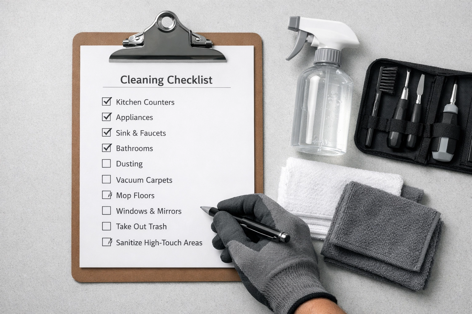 Apartment turnover checklist with cleaning supplies for property make-ready