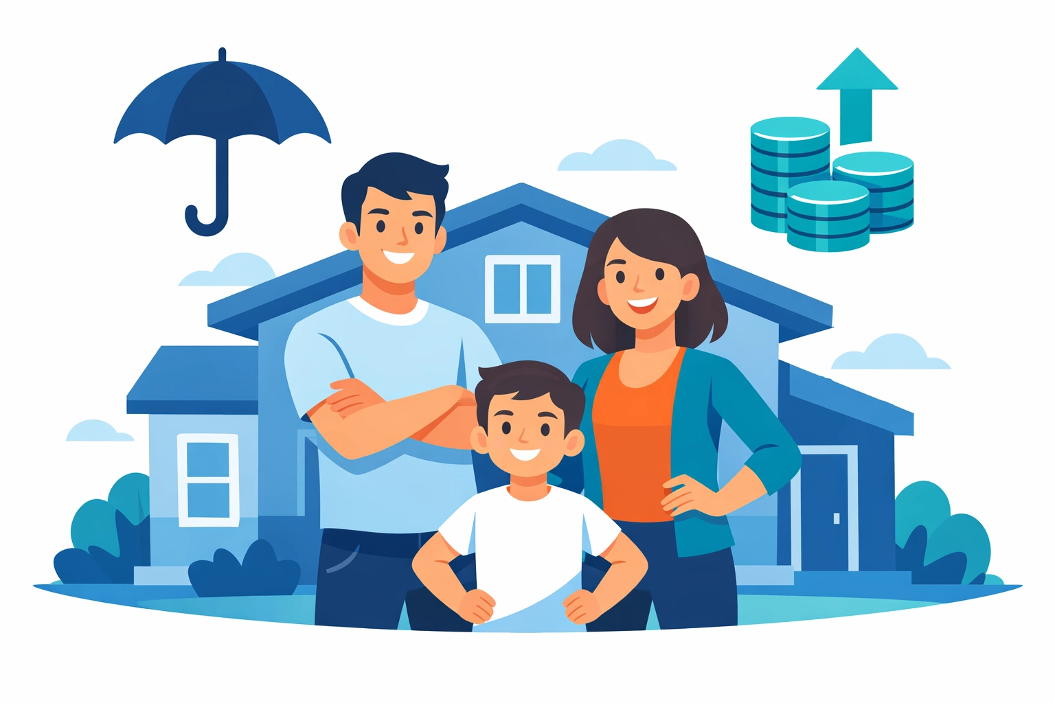 Family with home protected by life insurance and growing investments for building wealth with kids