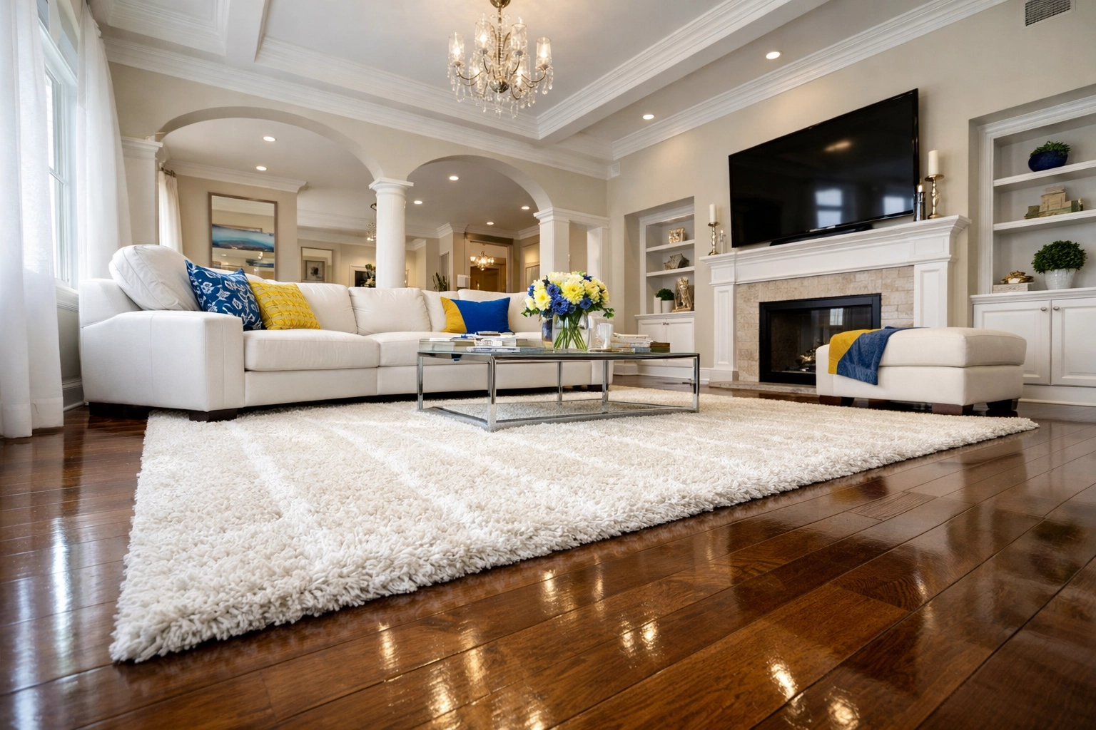 A pristine living room with polished floors after a thorough deep cleaning Westford session in a luxury home.