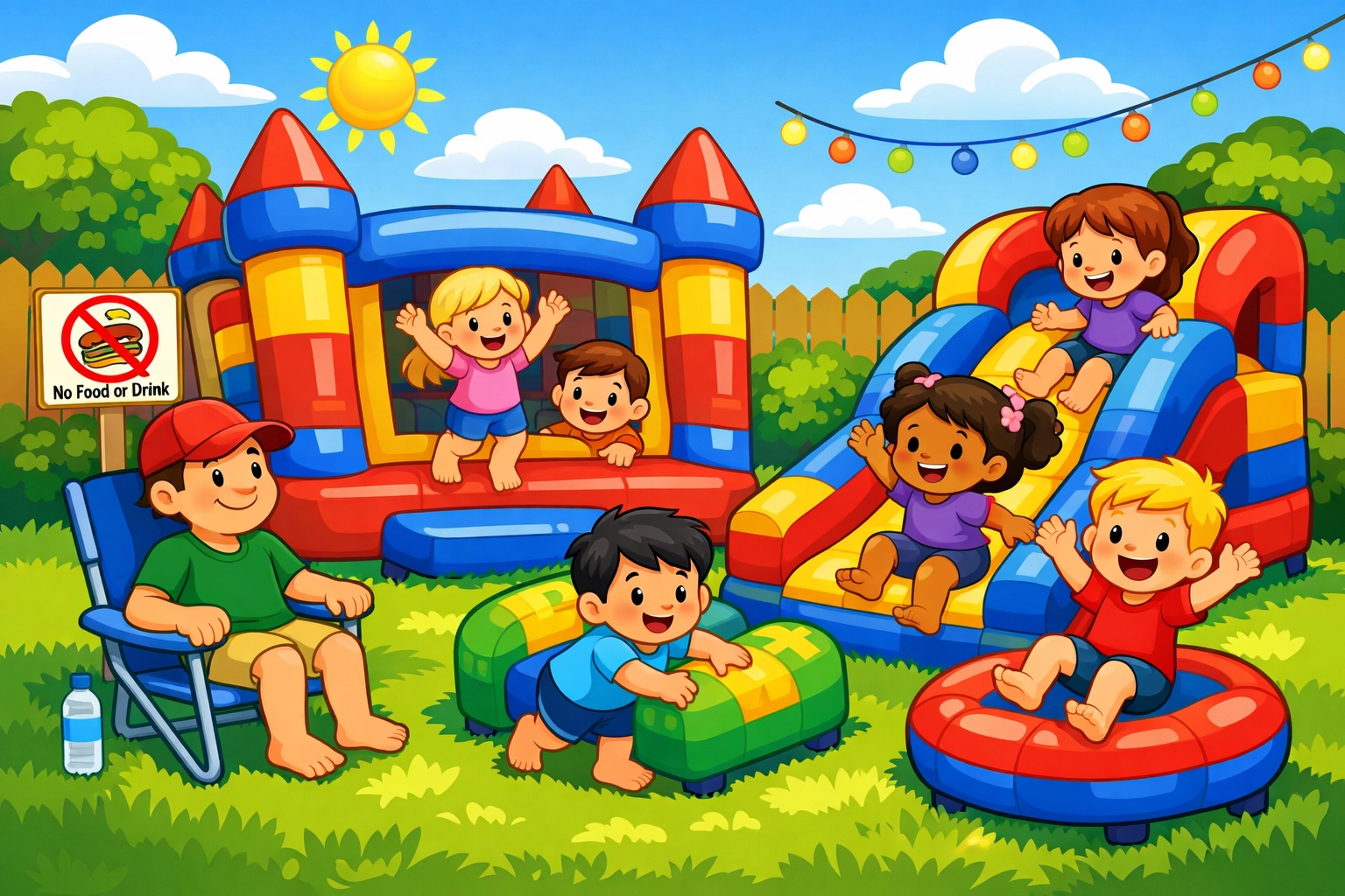 Adult supervising children playing safely on backyard inflatables at party