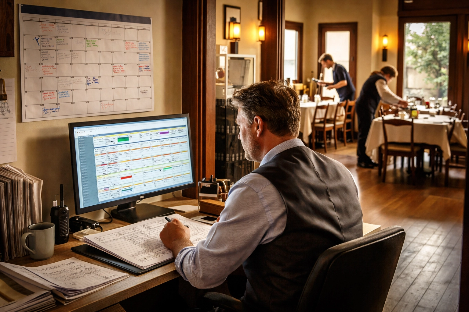 General manager scheduling staff shifts with a calendar and computer, optimizing labor efficiency in a busy restaurant dining area.