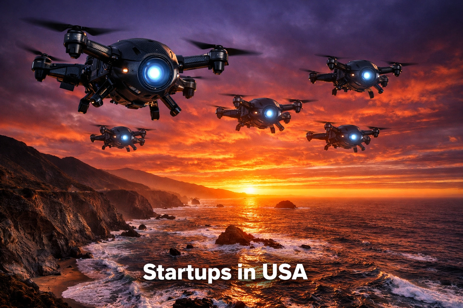 High-tech drones flying over the California coast, representing defense tech startups in USA.