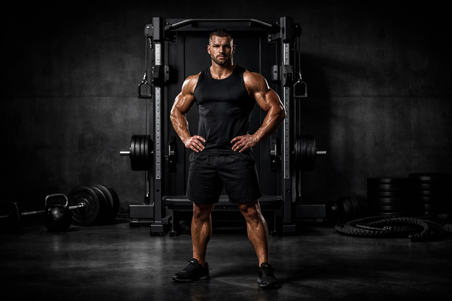 Muscular athlete in a garage gym with a minimalist floor to ceiling home gym system for full body workouts.
