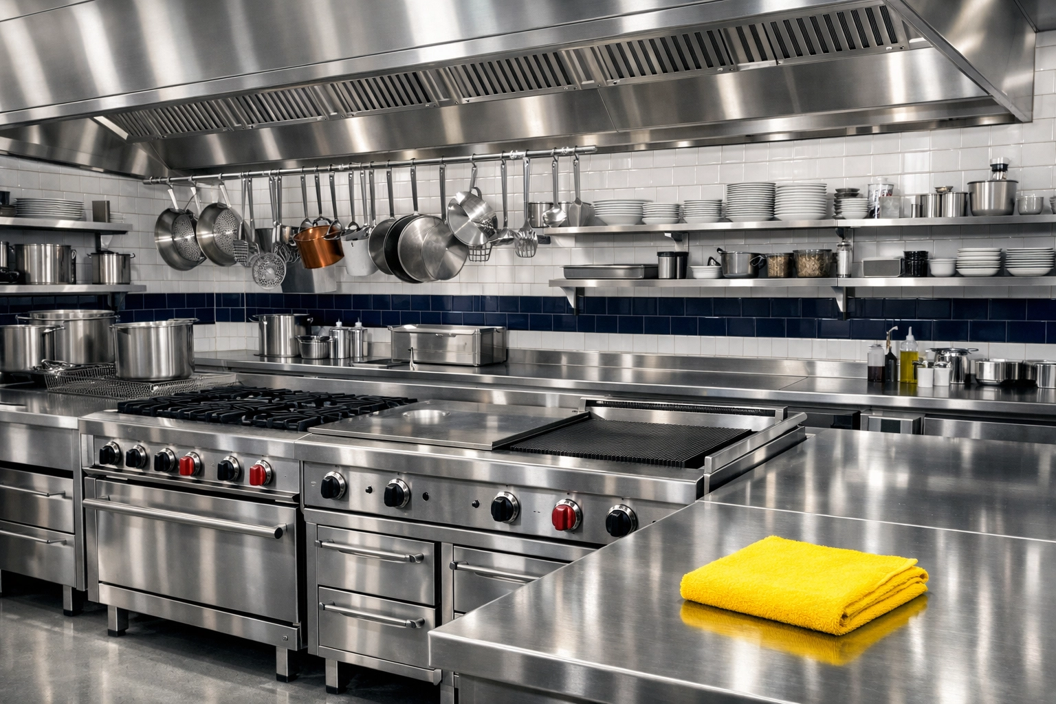 Deep cleaned commercial kitchen in a Lancaster restaurant with sparkling stainless steel surfaces.