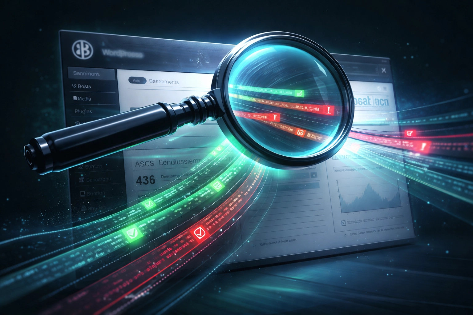 Magnifying glass examining a WordPress dashboard with verified and flagged text, illustrating Verifact fact-checking plugin.