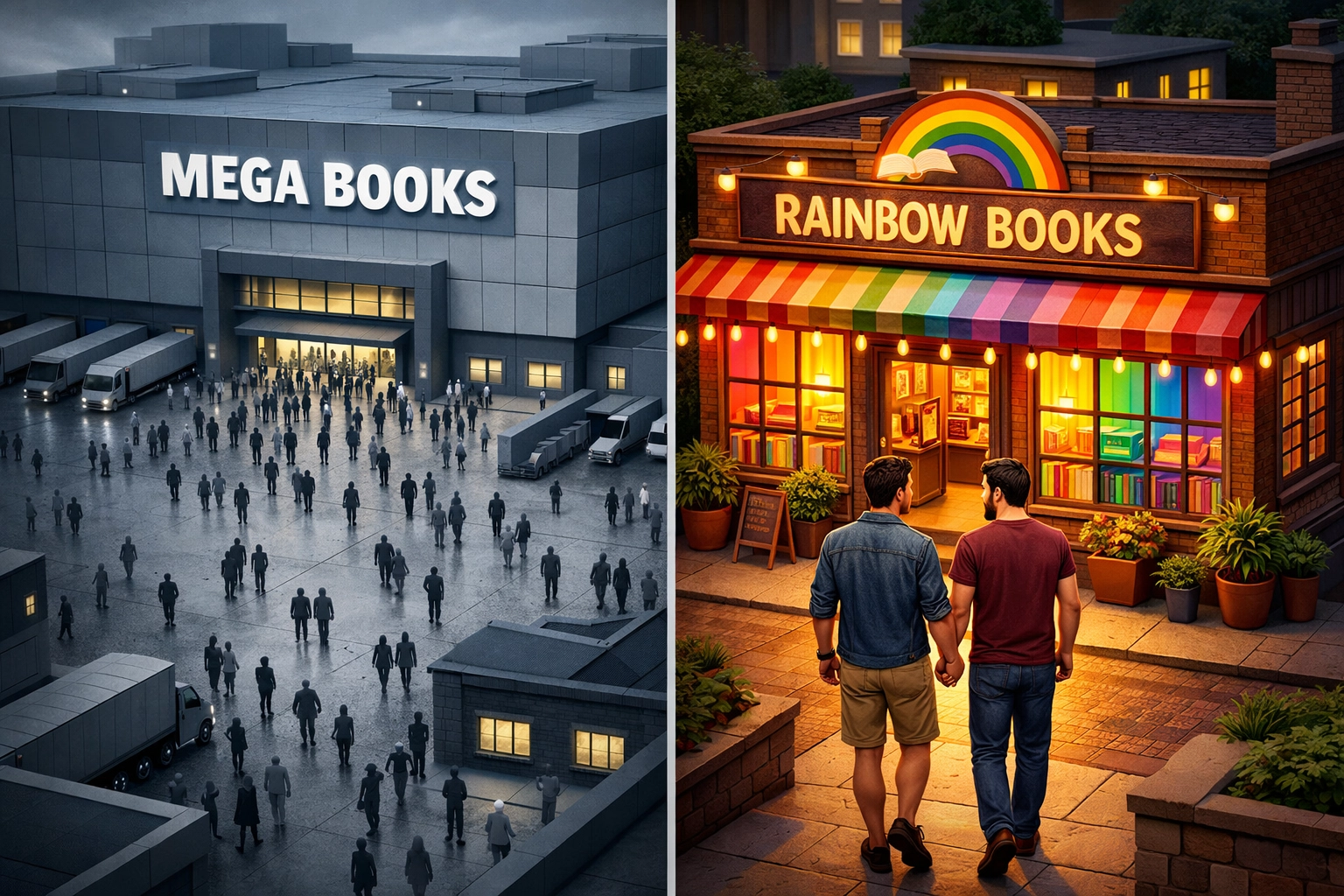 Corporate retailer vs LGBTQ+ independent bookstore with gay couple choosing pride-friendly platform