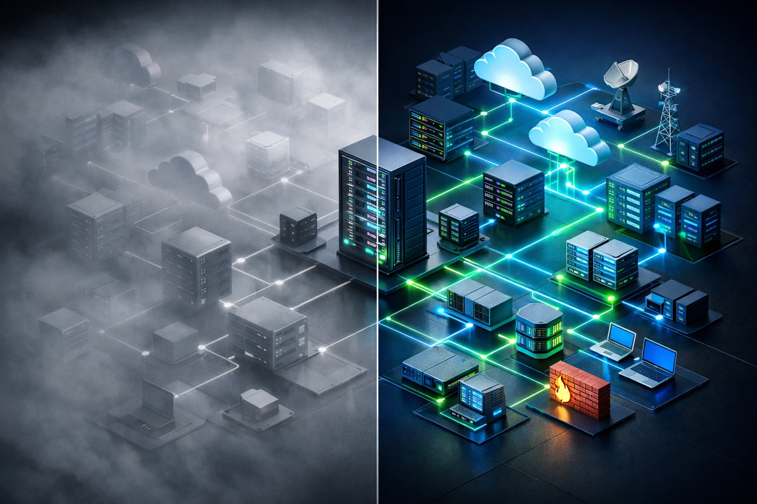 ServiceNow Discovery infrastructure map comparing incomplete visibility to complete network coverage