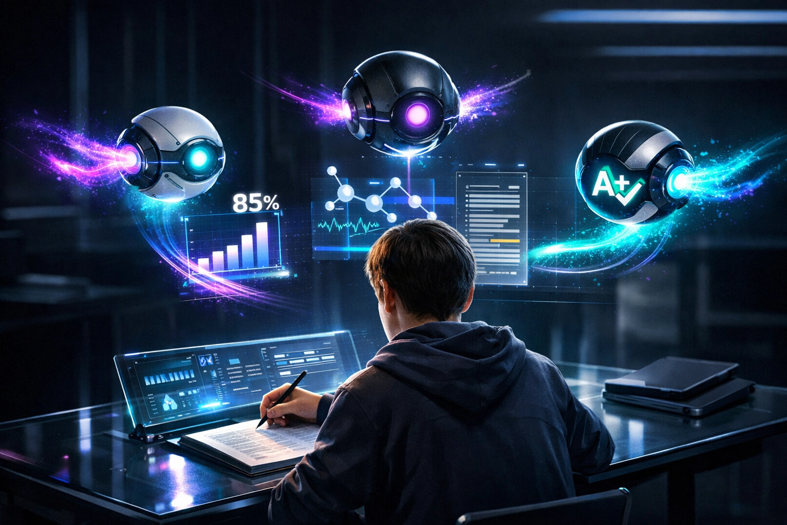 Student receiving real-time performance feedback from autonomous AI agents in a digital classroom.
