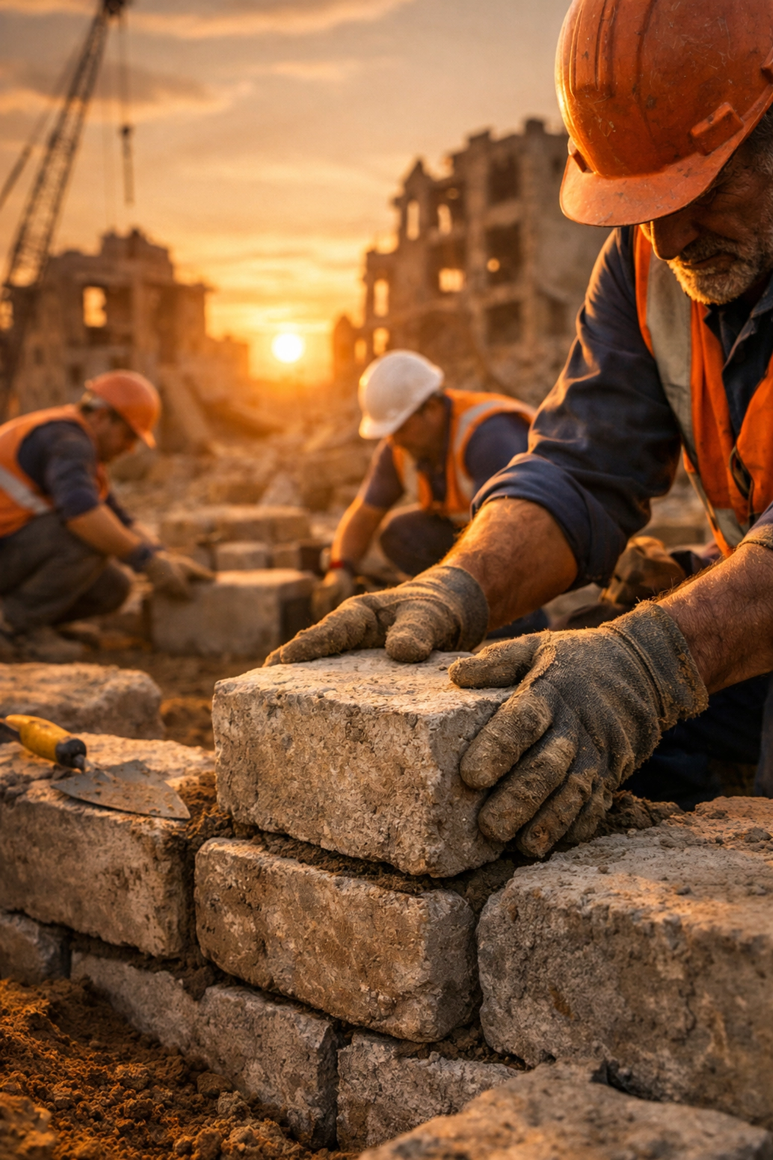 Construction workers laying foundation stones during Gaza rebuilding and restoration efforts