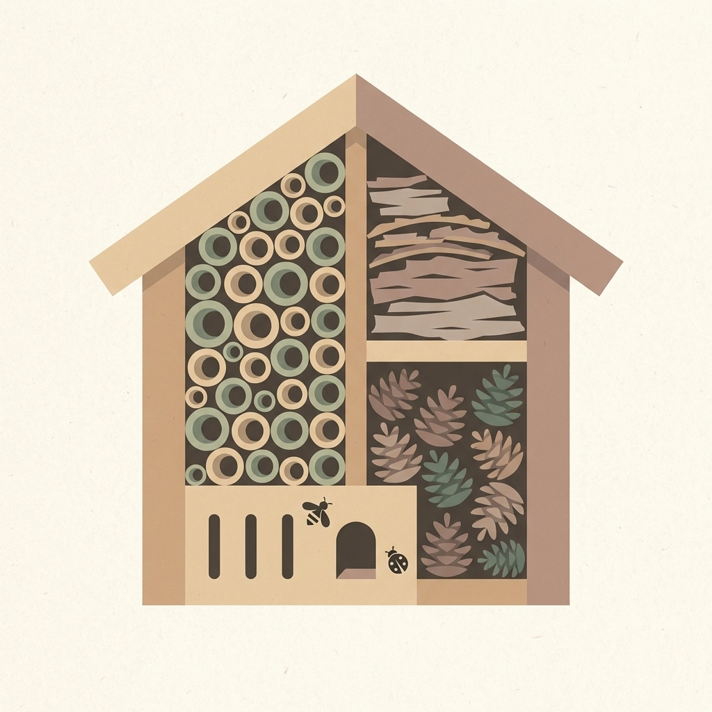 Cross-section illustration of a bug hotel with compartments for bees, ladybirds, and beneficial insects.