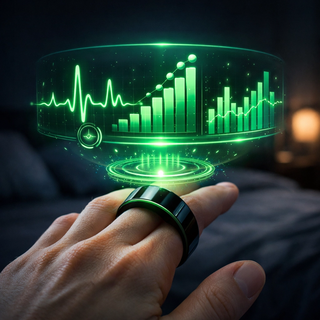 Smart ring displaying biometric data including oxygen saturation and HRV for sleep tracking and biohacking.