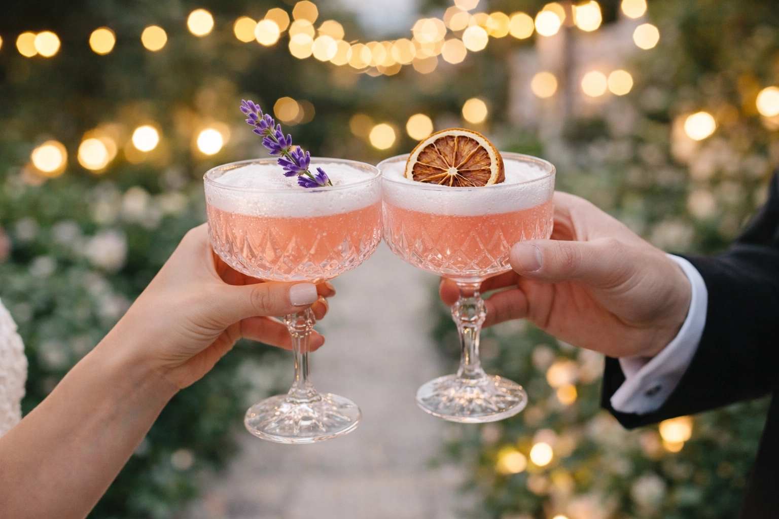Close-up of couple clinking signature cocktails with soft garden lights behind.