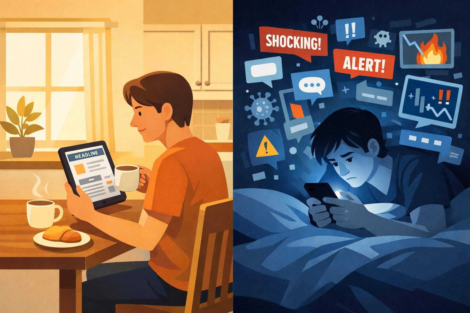 Peaceful morning news reading with coffee versus chaotic phone scrolling in bed