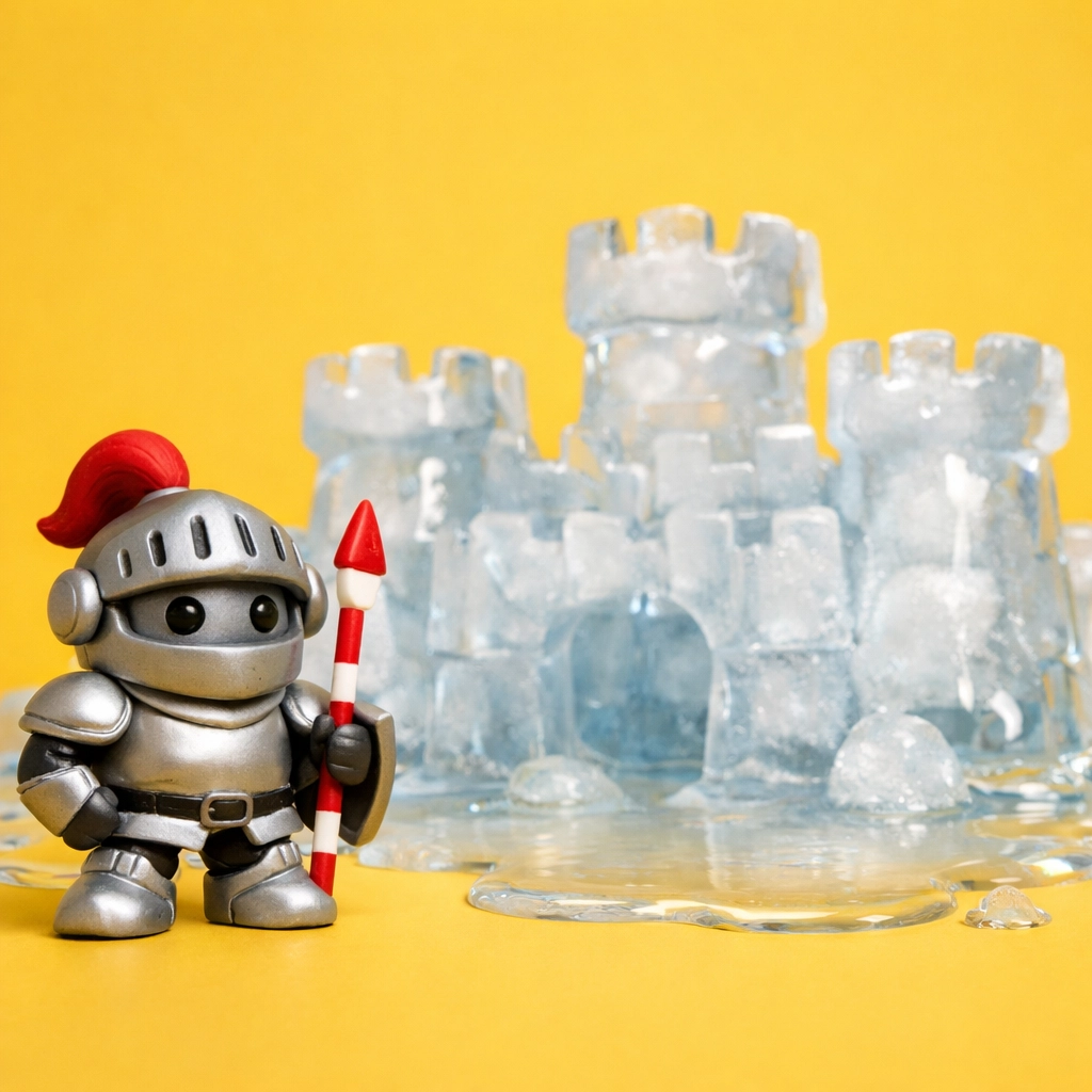 A robot knight guarding a fortress of melting ice, symbolizing the lack of durable moats in AI tools.