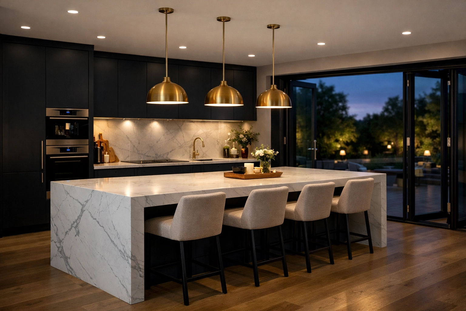Luxury open-plan kitchen in West Sussex featuring a white marble island and navy cabinetry.