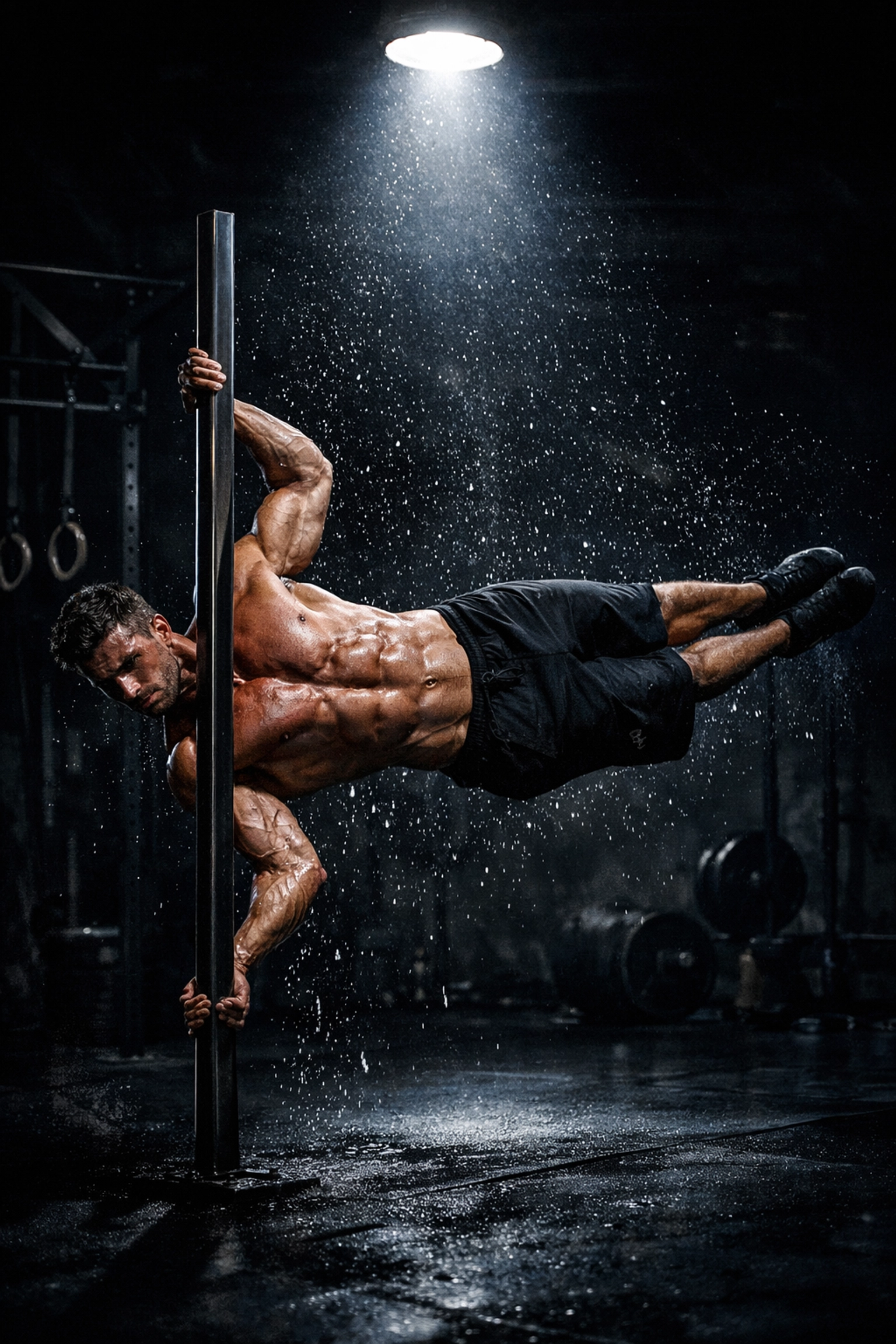 Expert athlete performing a human flag on home calisthenics equipment during an intense resistance workout.