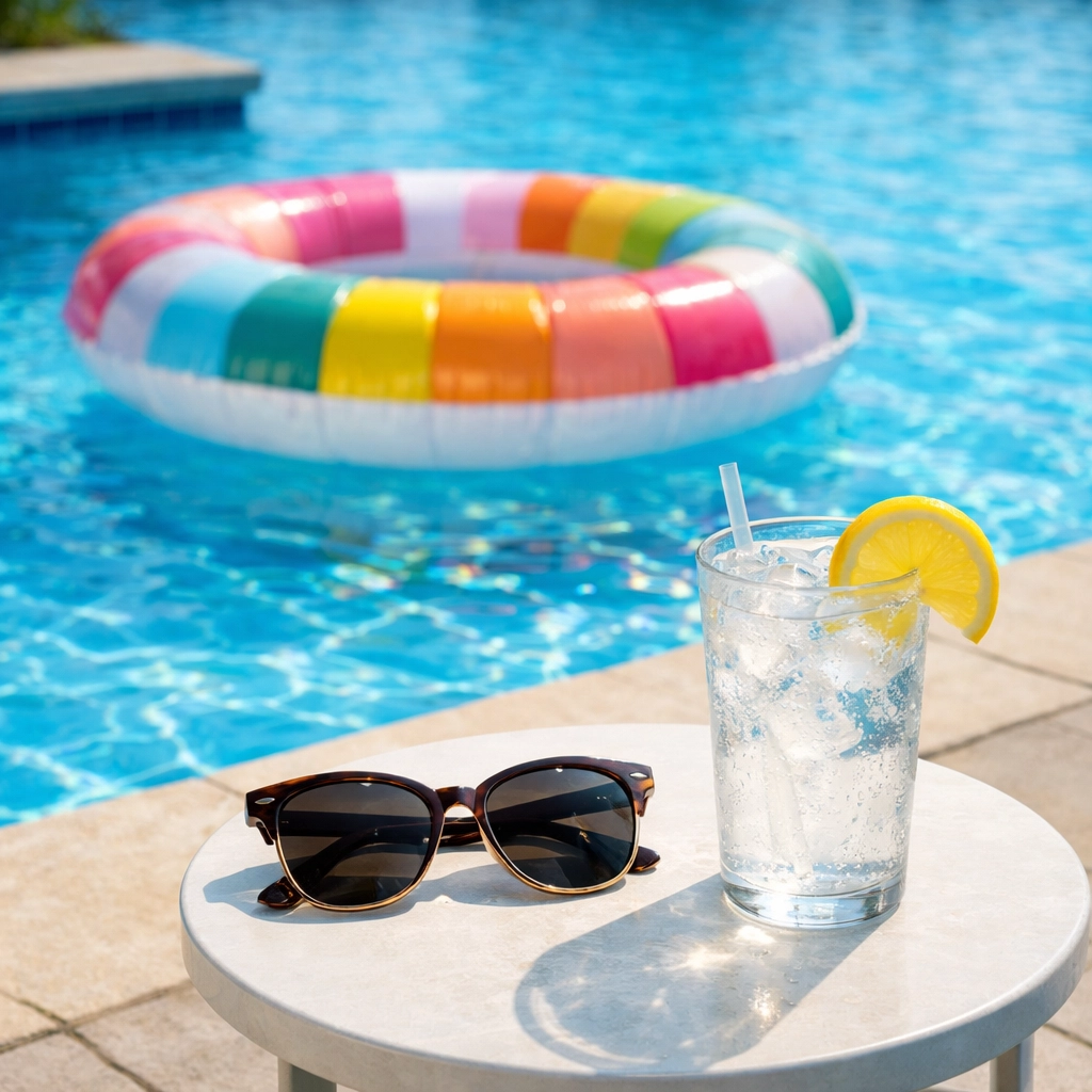 A relaxing, clean swimming pool with a floaty and iced drink after professional maintenance.