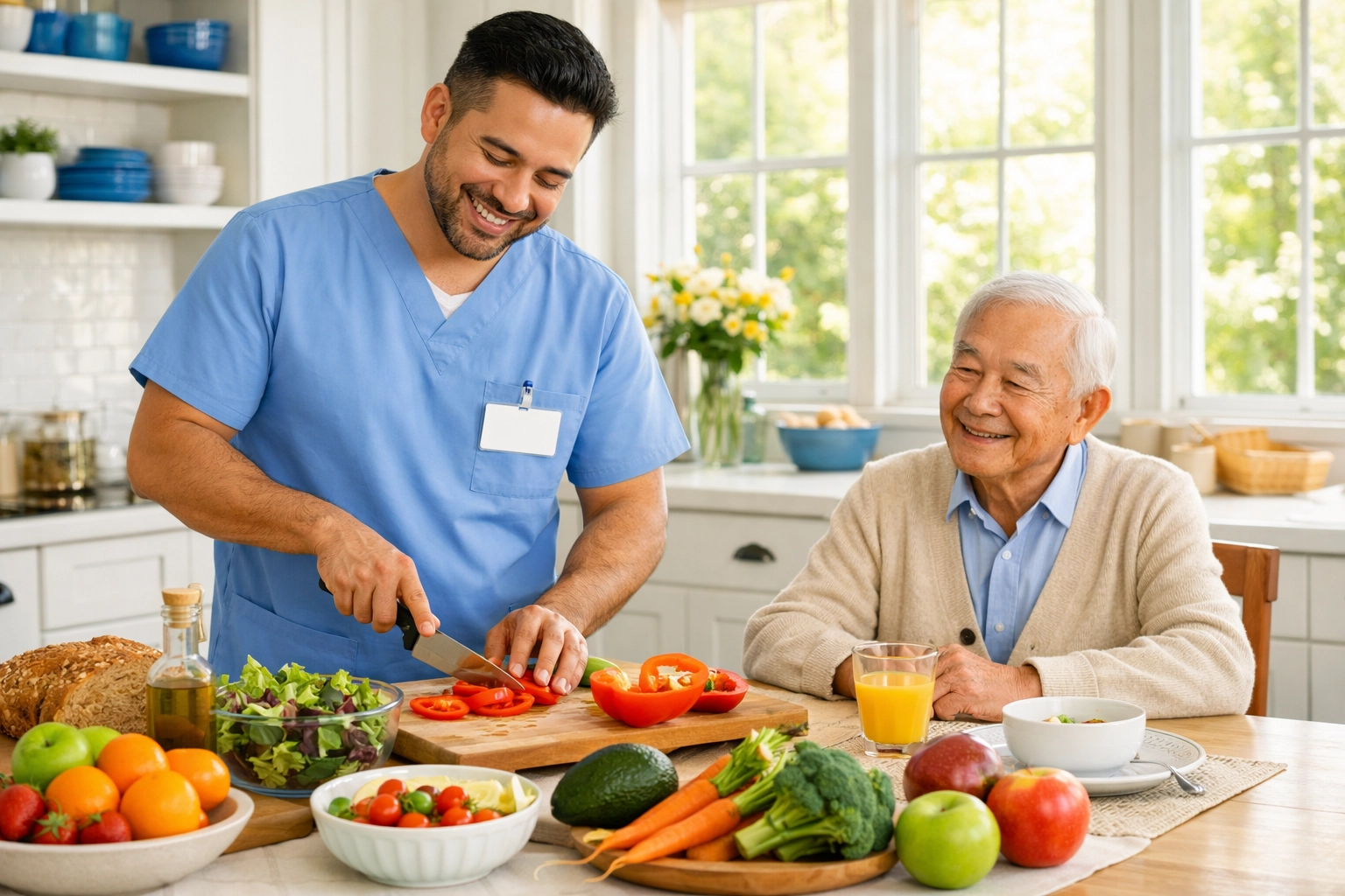Home caregiver preparing nutritious meal for elderly client during post-hospital recovery