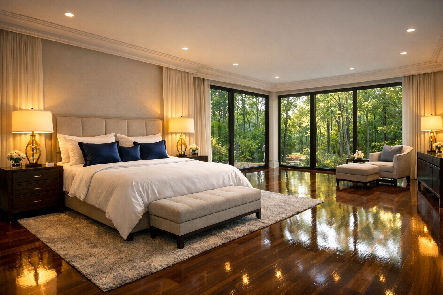 Pristine master suite in a Weston mansion with clean high-gloss hardwood floors and a stress-free atmosphere.