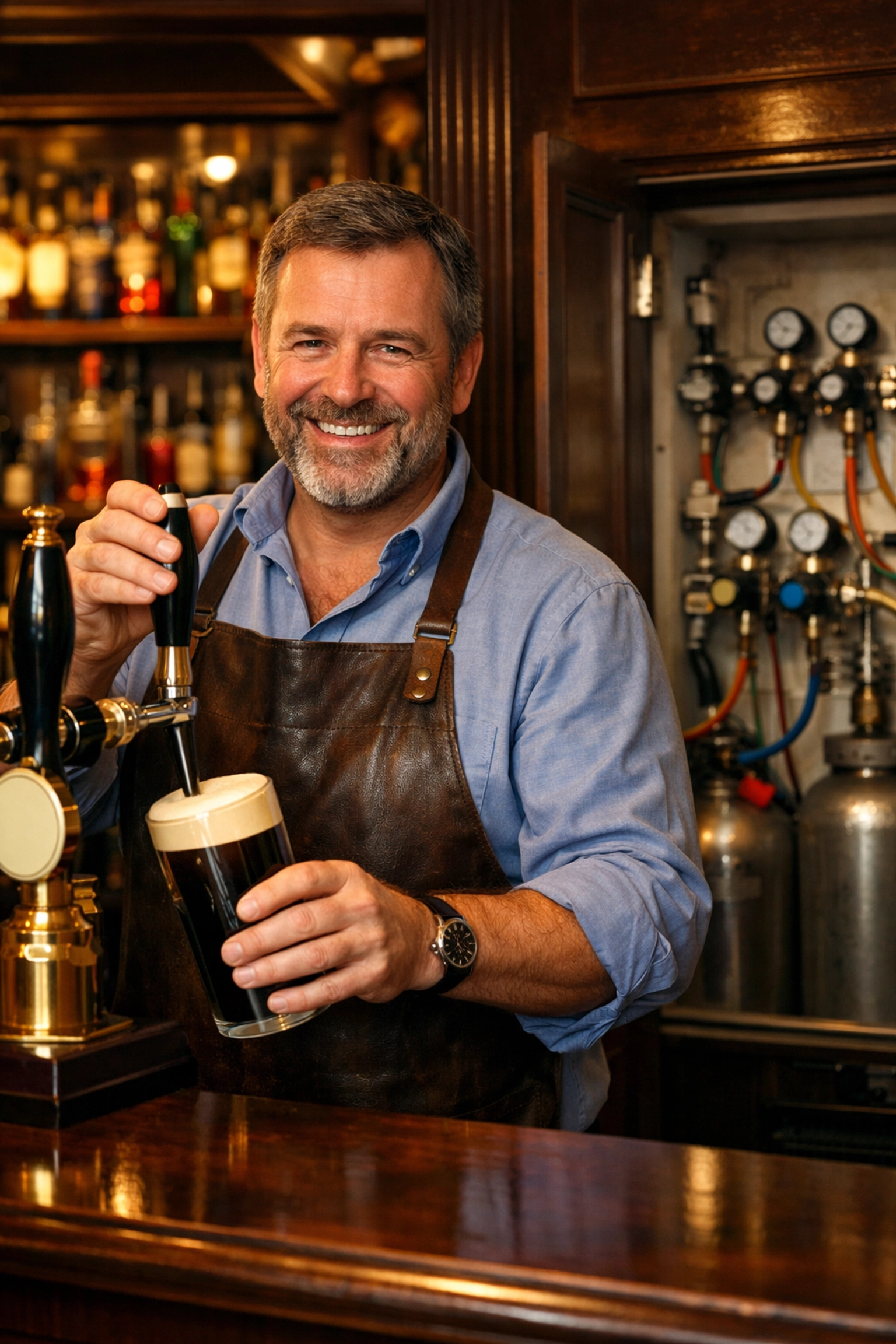 A pub owner pouring a pint of stout using a professional cellar gas supply system.