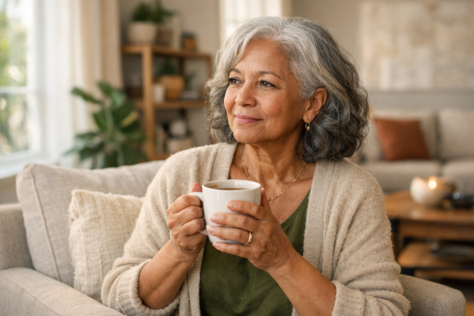 Peaceful senior woman in a sunlit room, holding a cup of tea, reflecting on mental health and resilience.