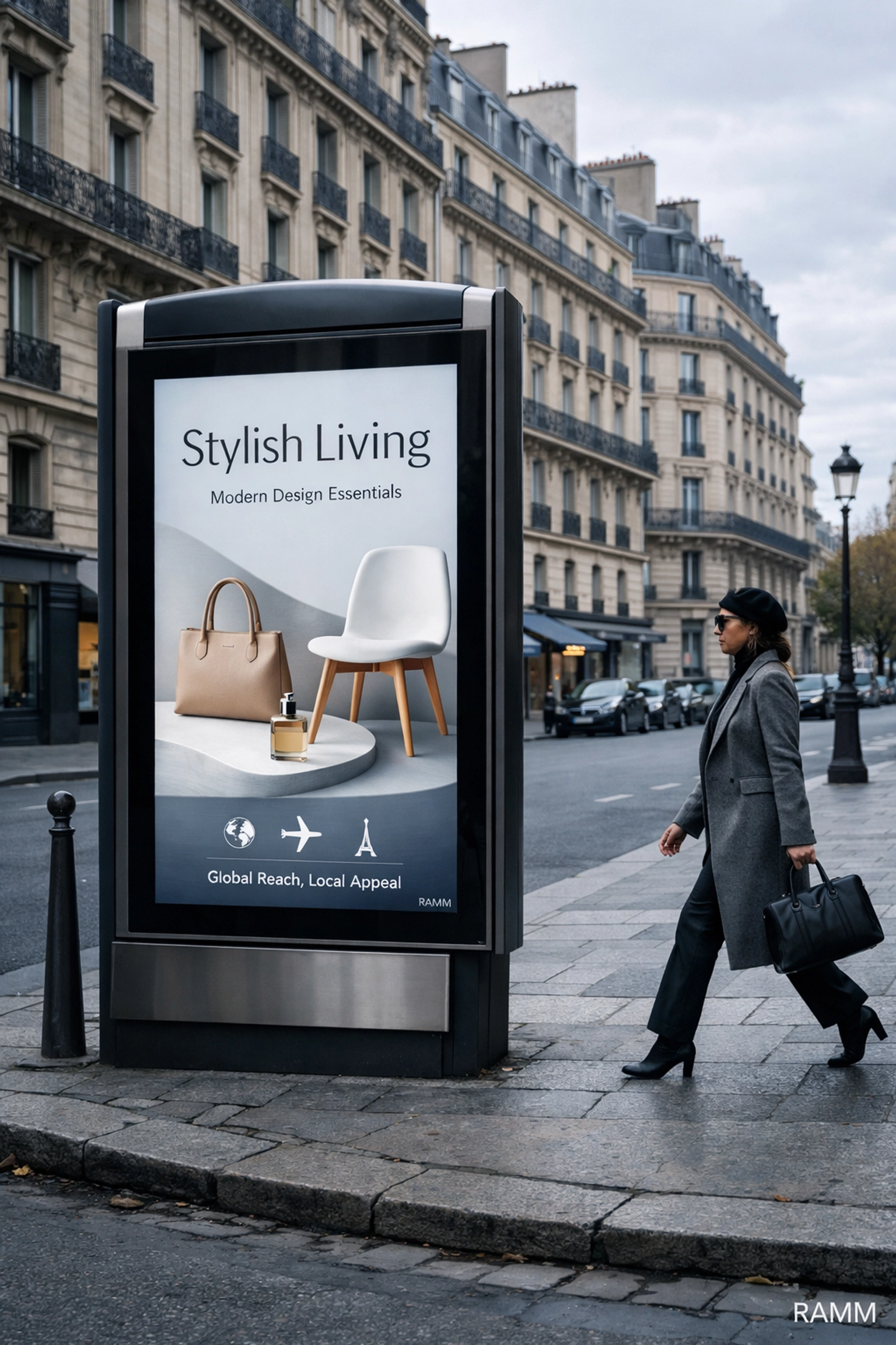 Digital street furniture kiosk in Paris showing how global brands use localized DOOH marketing.