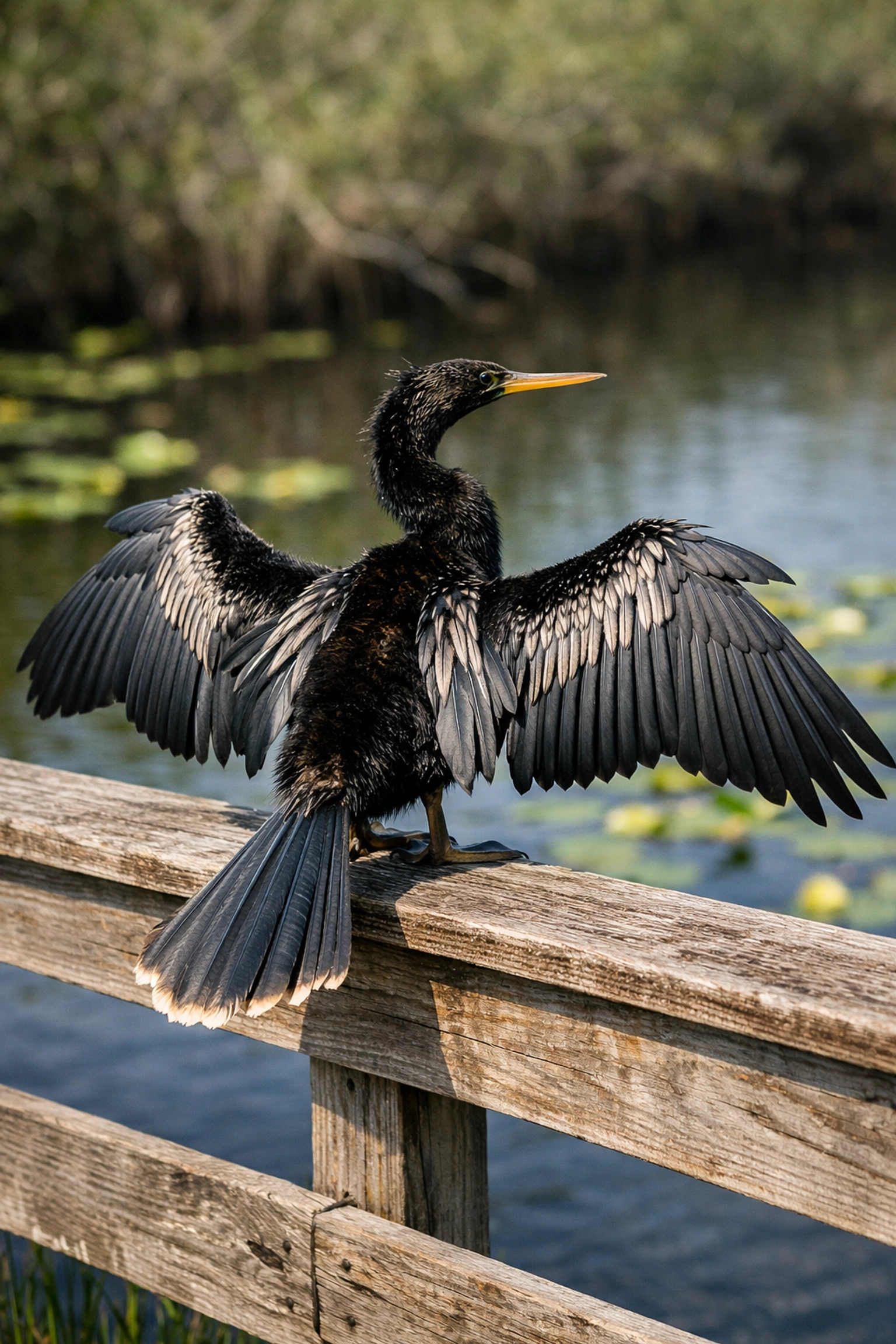 Anhinga bird drying its wings on the Anhinga Trail, a top spot for wildlife photography in the Everglades.