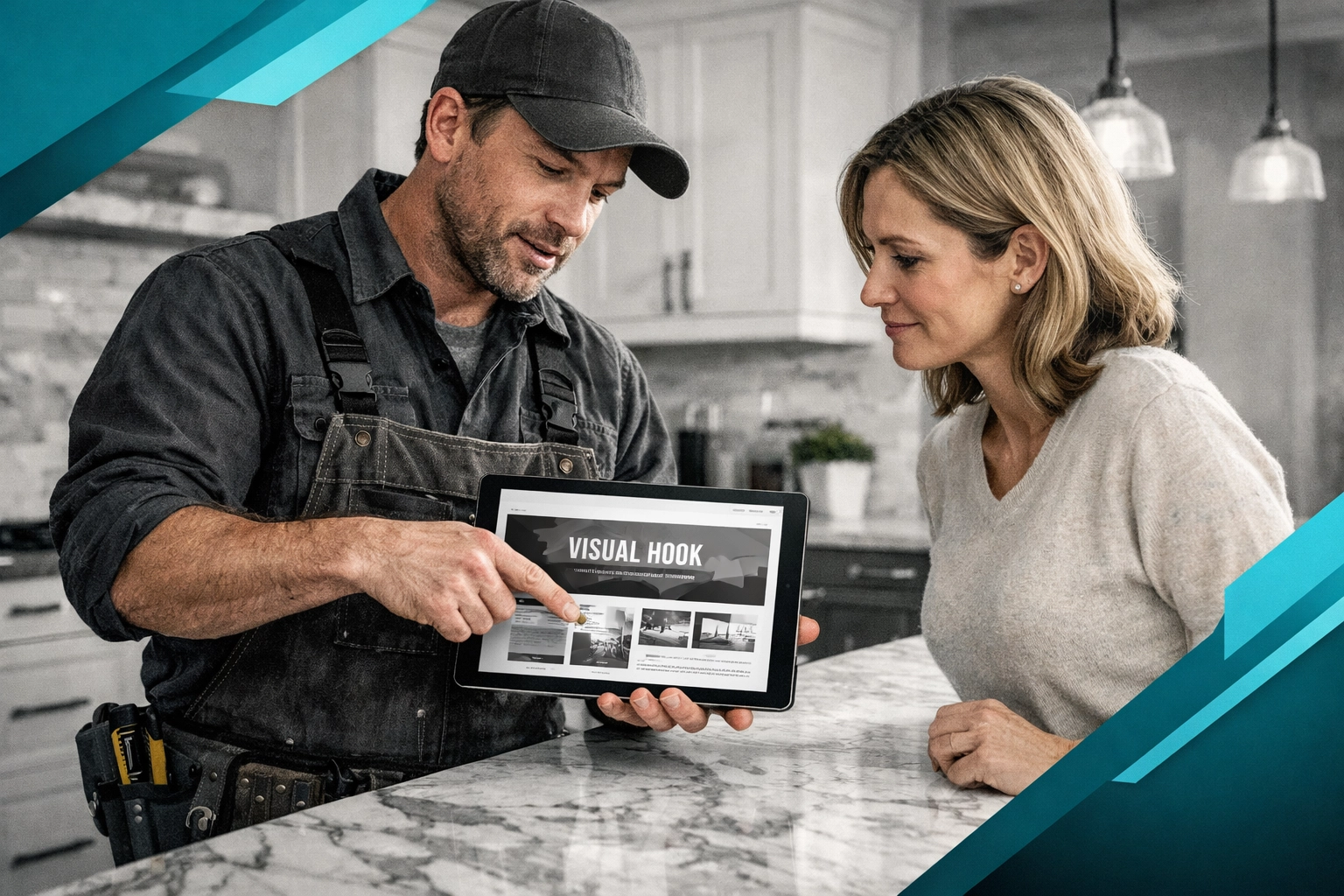 Renovation contractor showing a sleek website design to a homeowner to generate more leads.