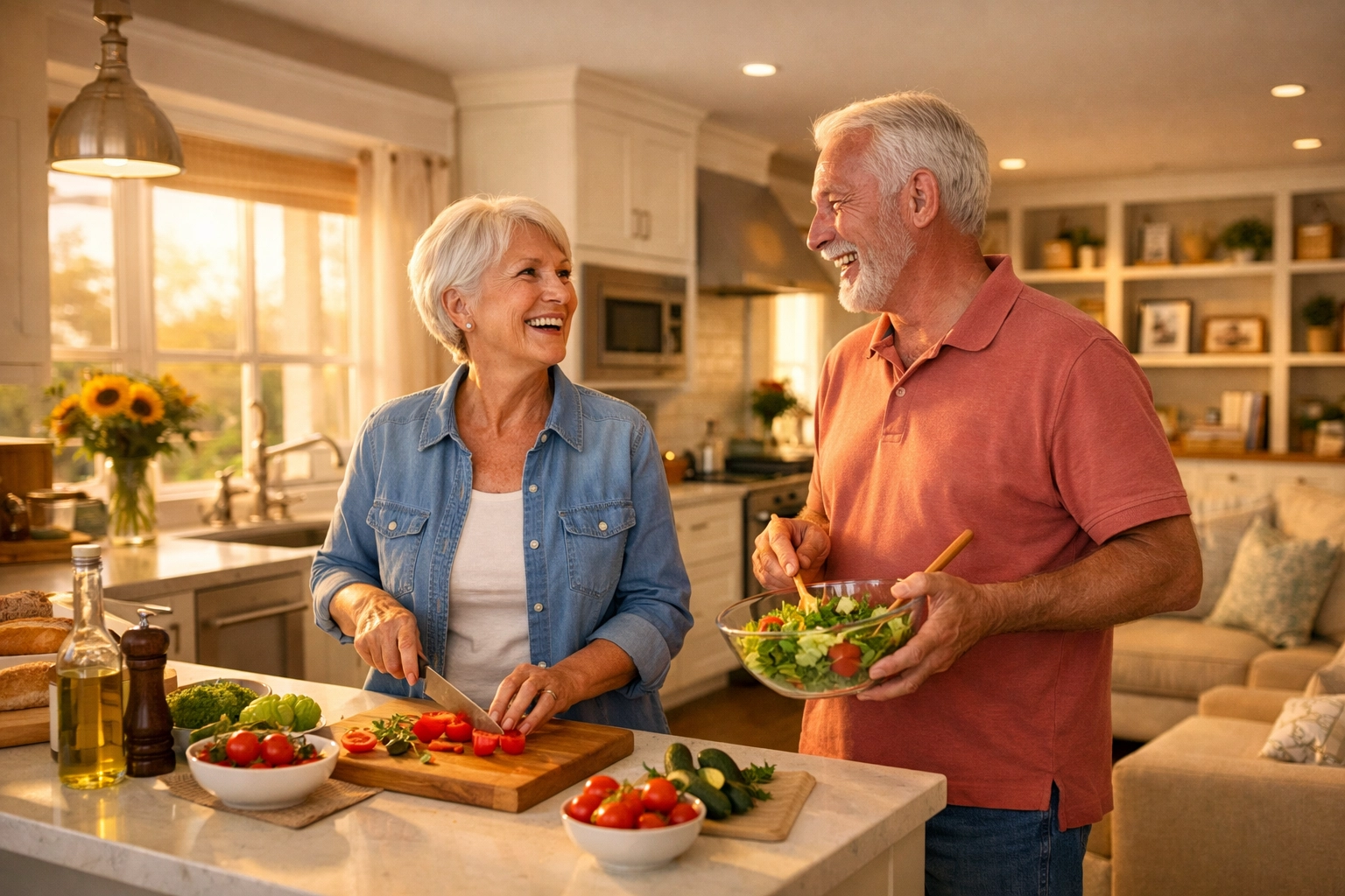 Active senior couple enjoying an independent life in their safe, organized home kitchen.