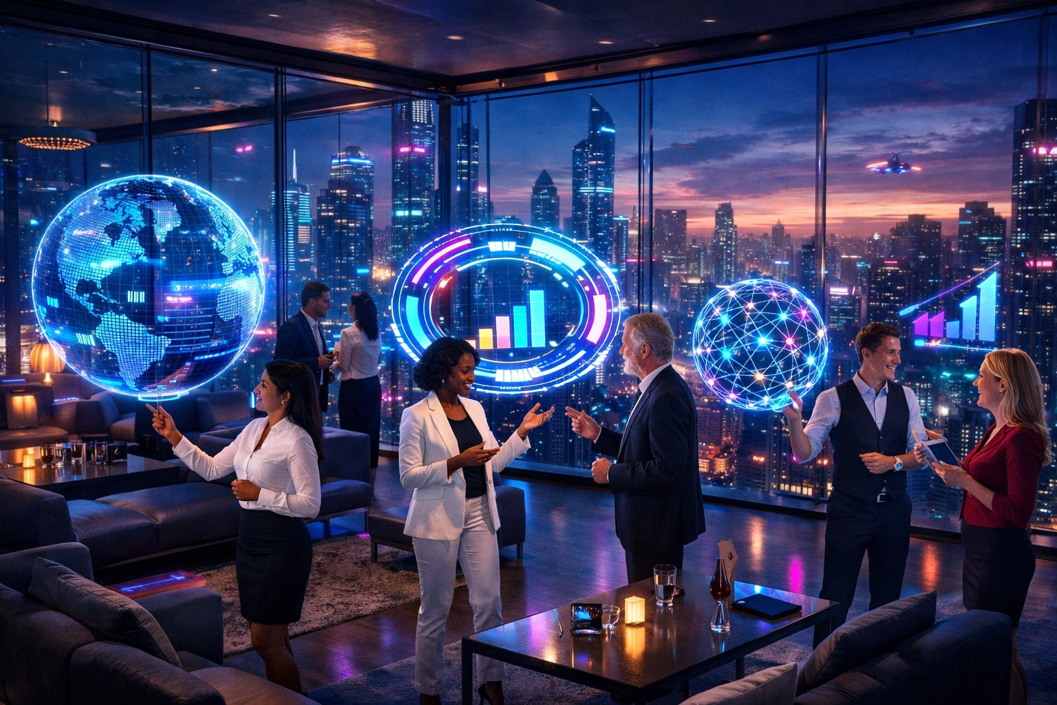 Corporate professionals using immersive VR headsets to collaborate with data for high employee engagement.