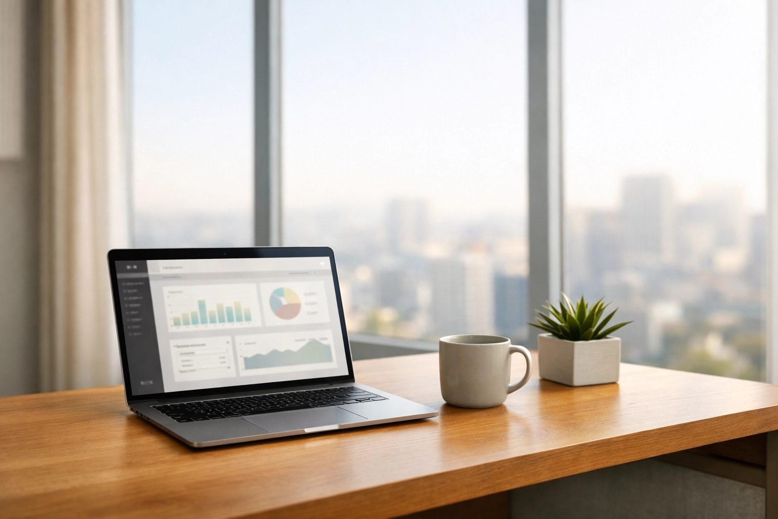 Modern hotel operations center with a laptop showing a multi-property management dashboard.