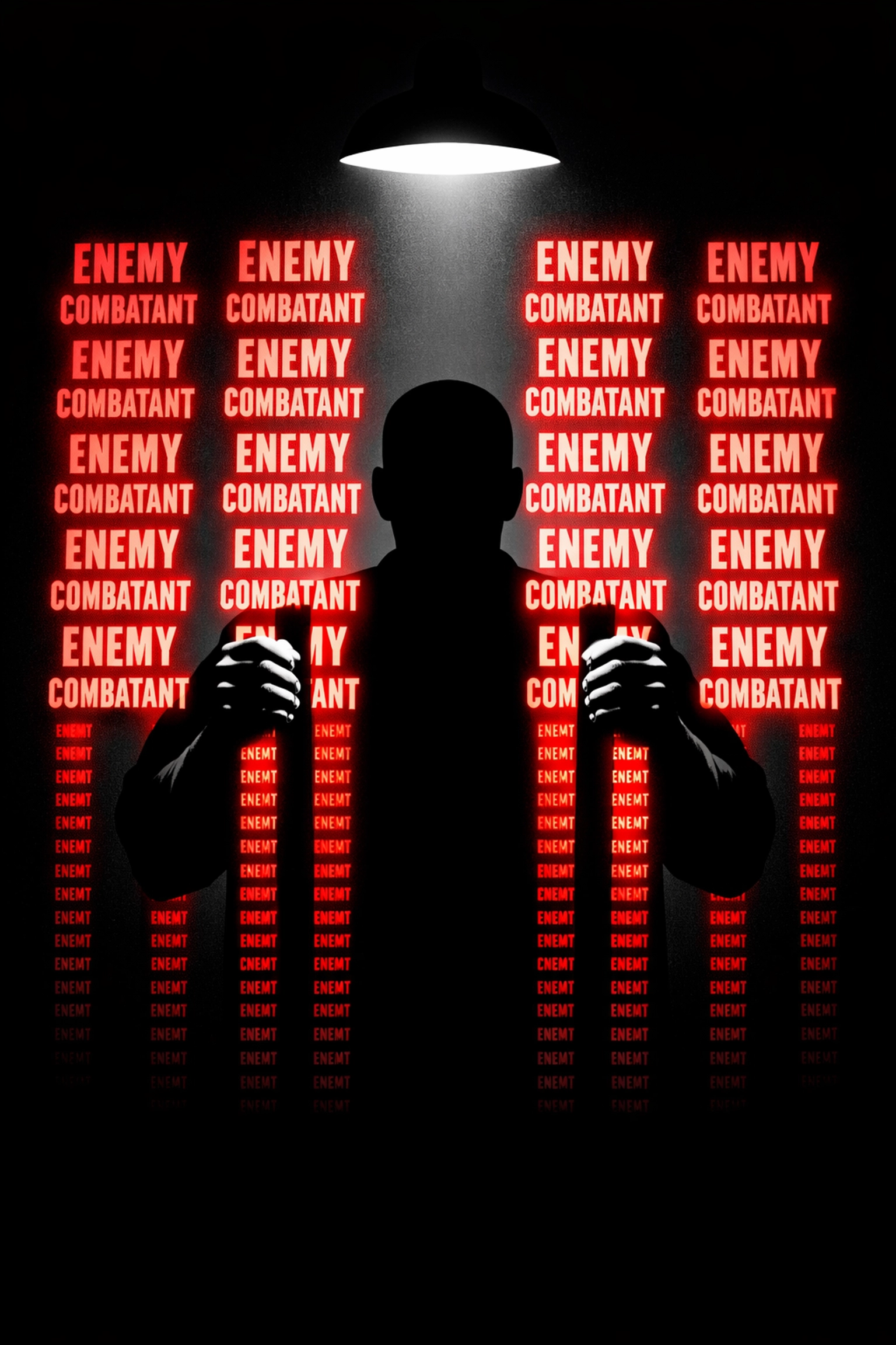 Silhouetted figure behind bars labeled enemy combatant depicting detention without due process