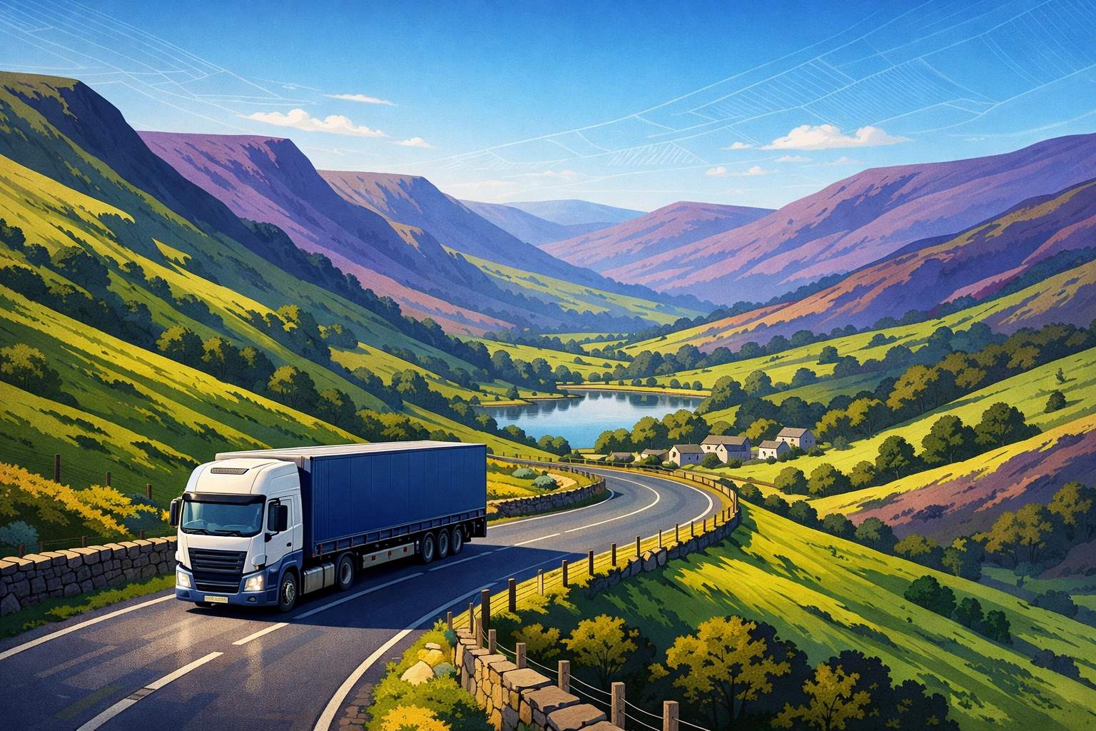 A Class 1 HGV truck driving through a scenic valley route in the North West Peak District.