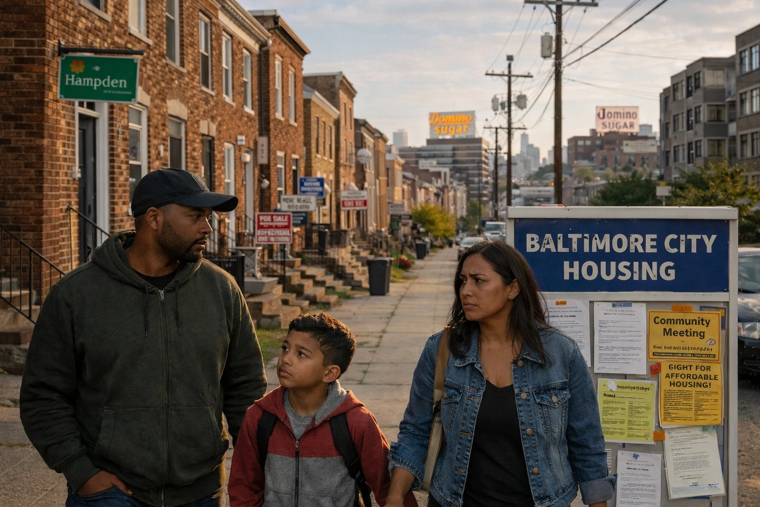 Baltimore neighborhood rowhouses with for rent signs showing housing affordability crisis