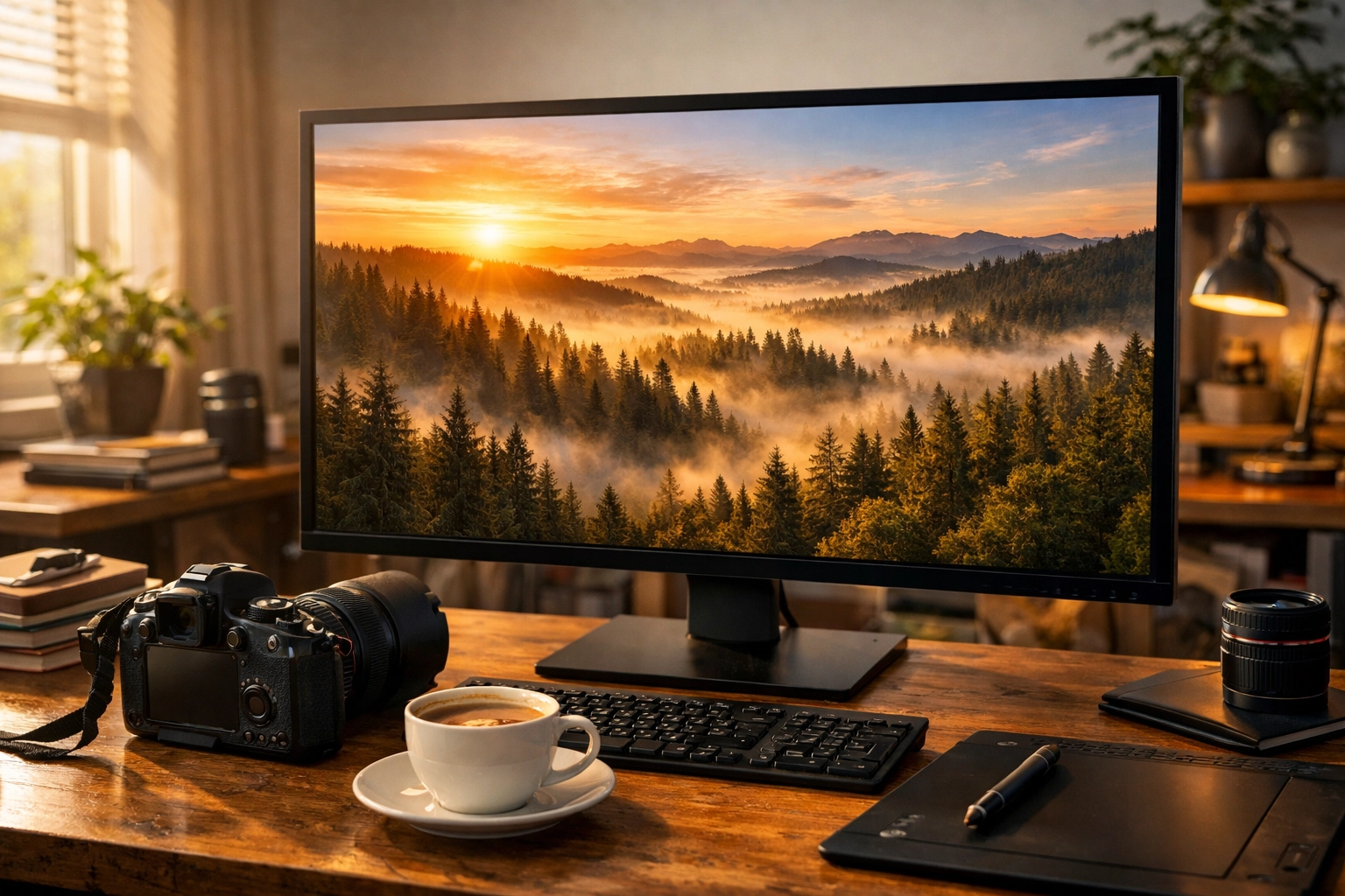 Modern photographer workspace with a sharp landscape photo on a screen ready for web resizing.