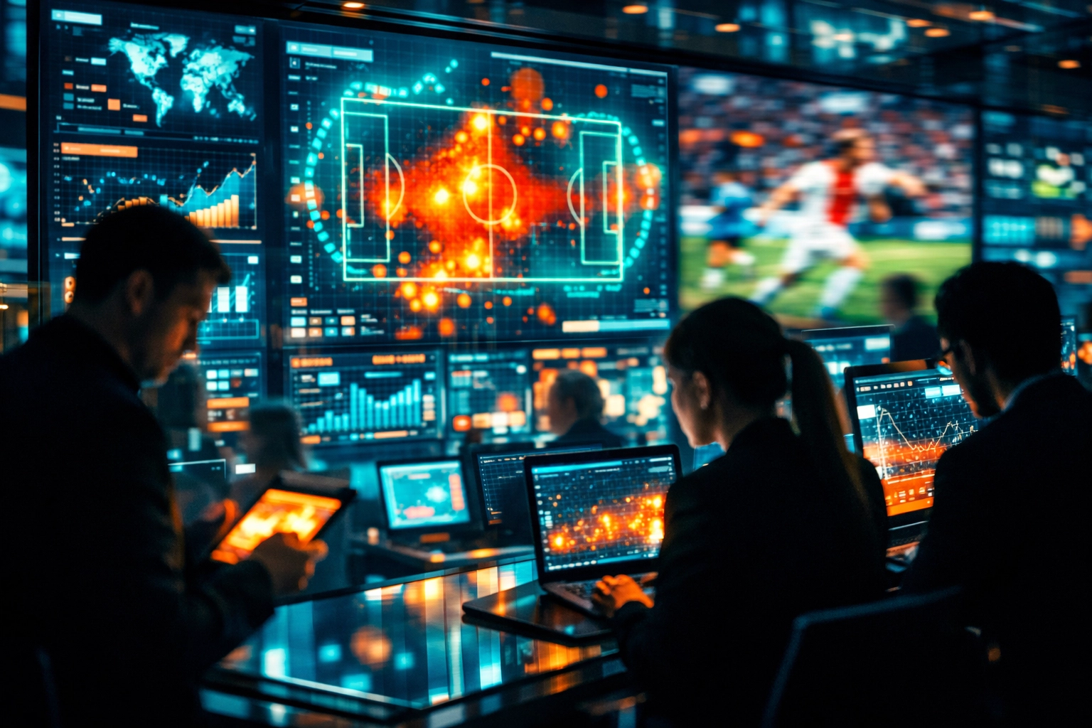 Digital marketing experts monitoring real-time Super Bowl social media trends and analytics.